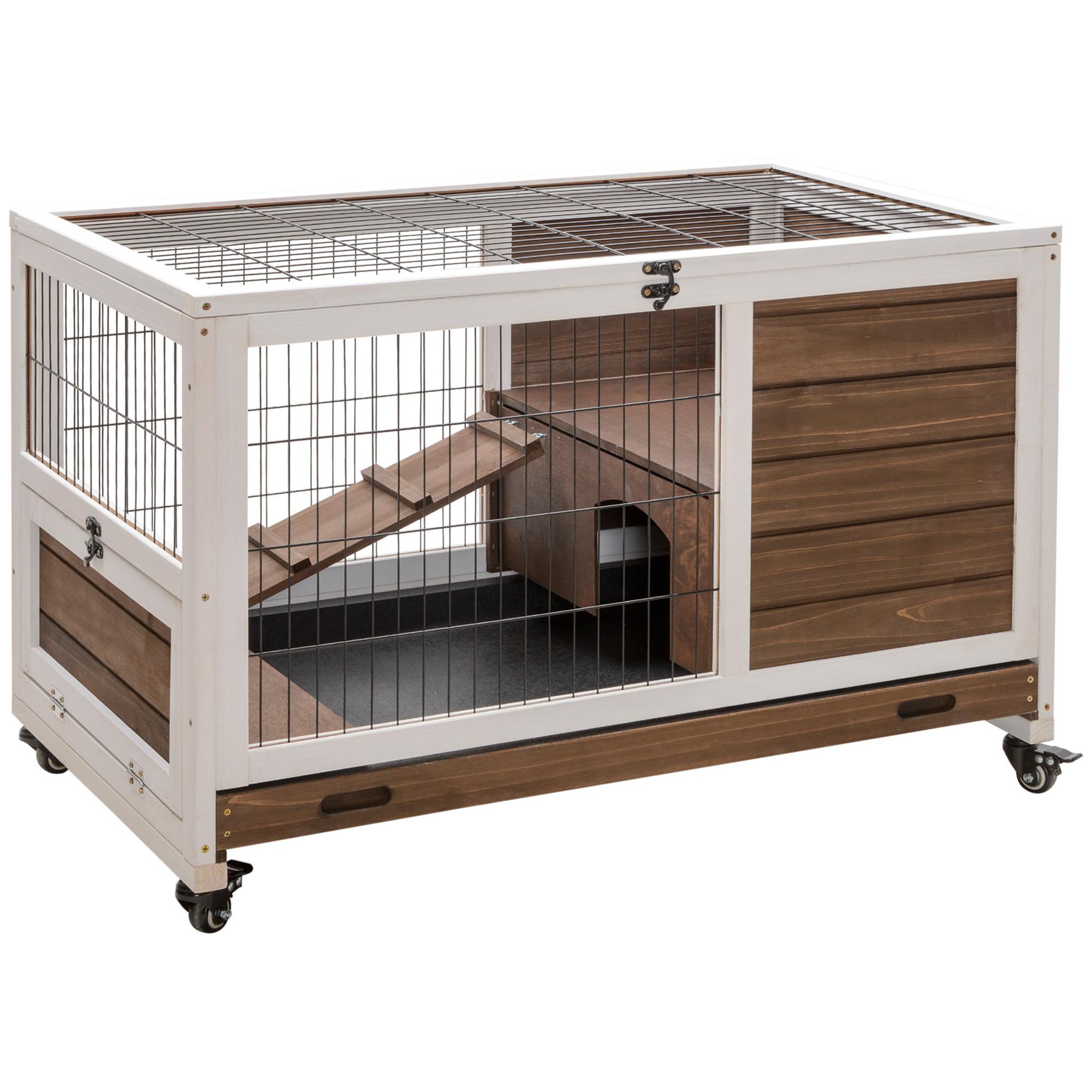 PAWHUT Clapier à lapin sur roulettes cage à lapin 2 étages porte verrouillable toit ouvrant plateau coulissant rampe bois de sapin marron blanc