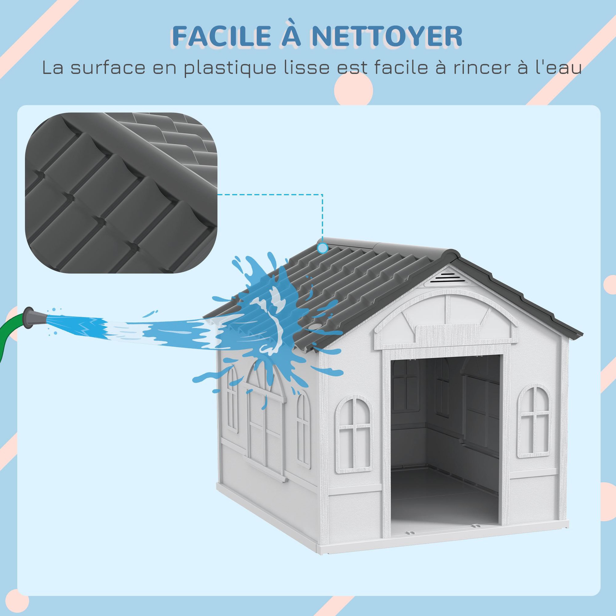 Voir la diapositive 5 : PAWHUT Niche chien style cottage dim. 65L x 75l x 63H cm - motifs fenêtres, porte, aération - PP blanc gris