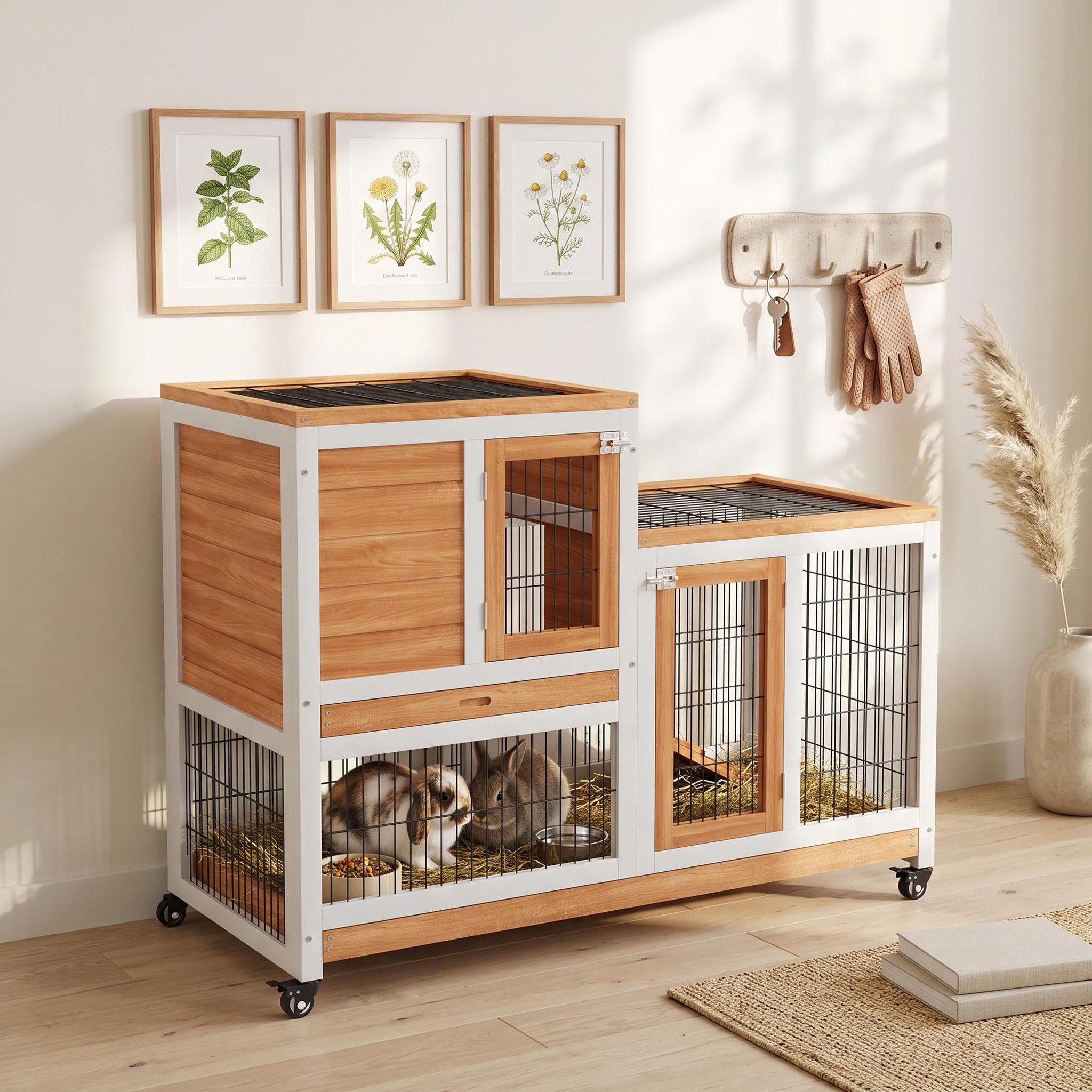 Voir la diapositive 6 : PAWHUT Clapier lapin mobile - niche, rampe, plateau déjection, 2 portes - bois blanc