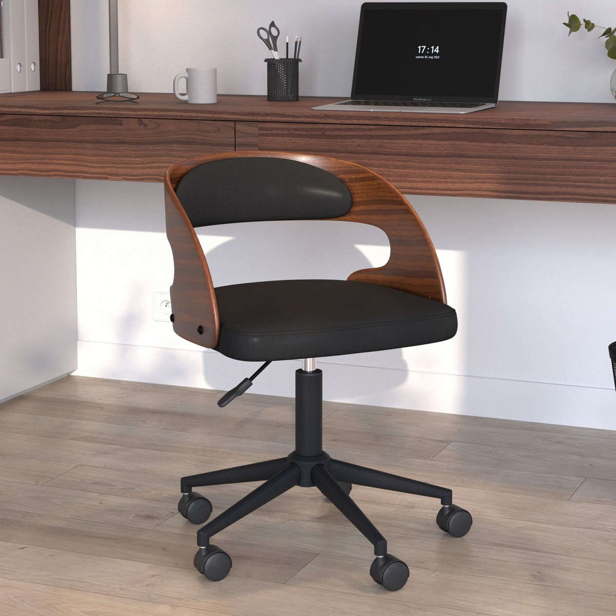 Rendez vous déco Chaise de bureau pivotante en bois foncé et PU noir-Louis
