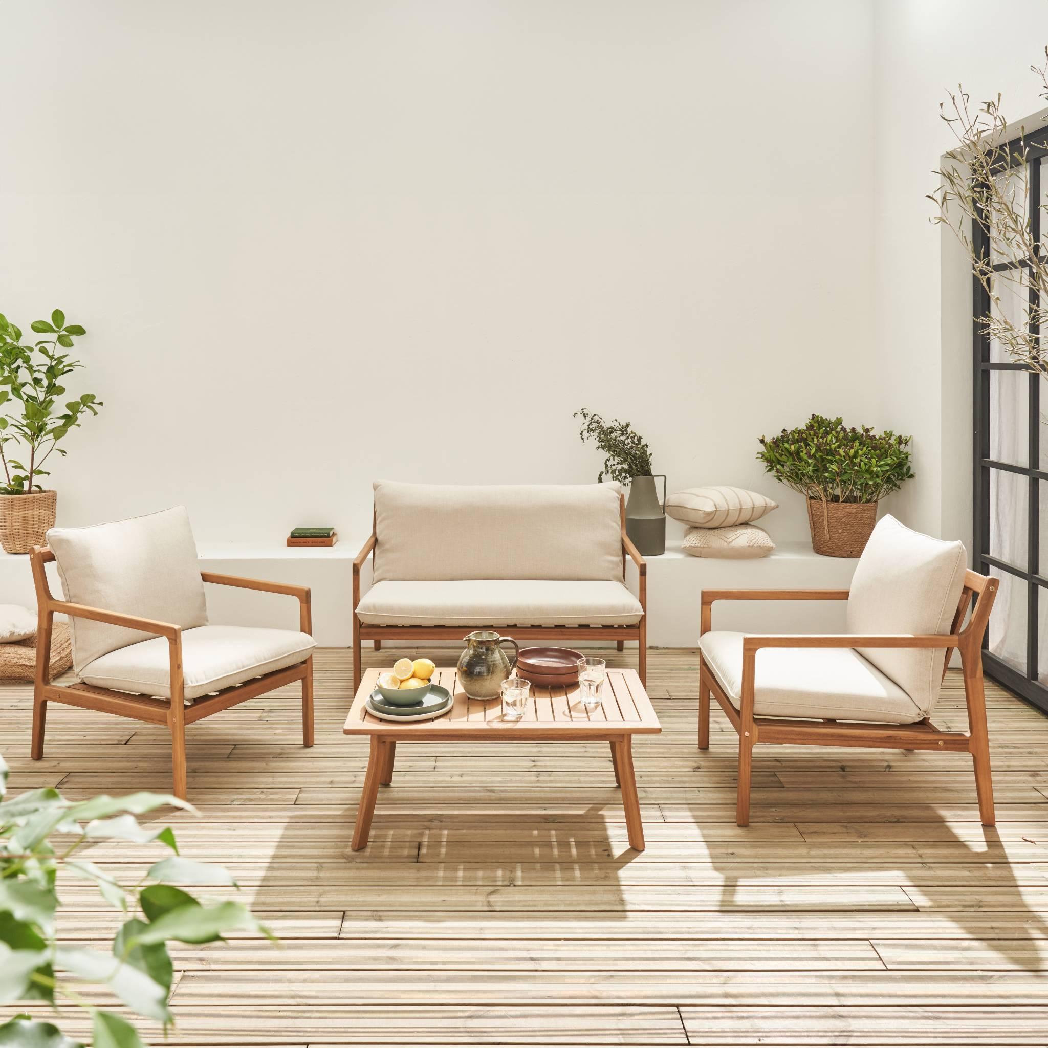 Voir la diapositive 2 : SWEEEK Salon de jardin en bois d'acacia 4 places beige. NALDA. coussins gansés et déhoussables