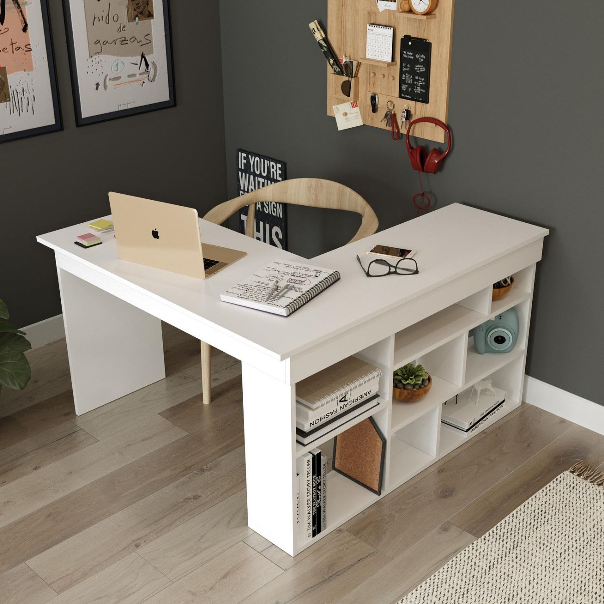 Voir la diapositive 2 : CONCEPT USINE Bureau d'angle 120x130cm avec rangements blanc JUKE