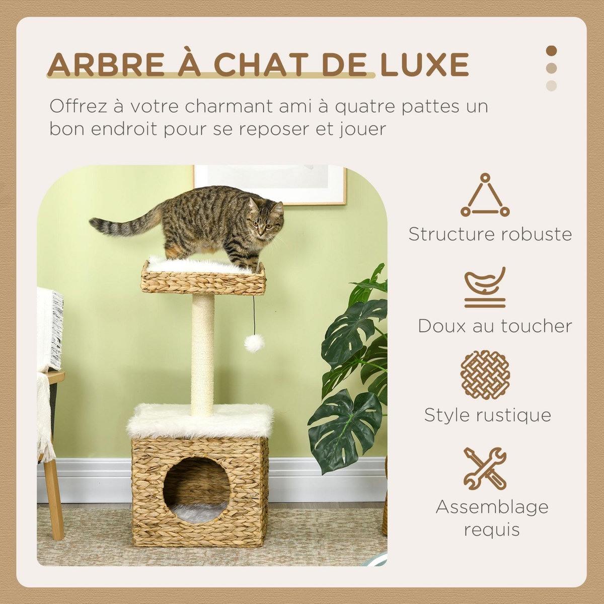 PAWHUT Arbre à chat style cosy chic griffoir sisal niche plateforme d'observation boule jacinthe d'eau peluche aspect fourrure