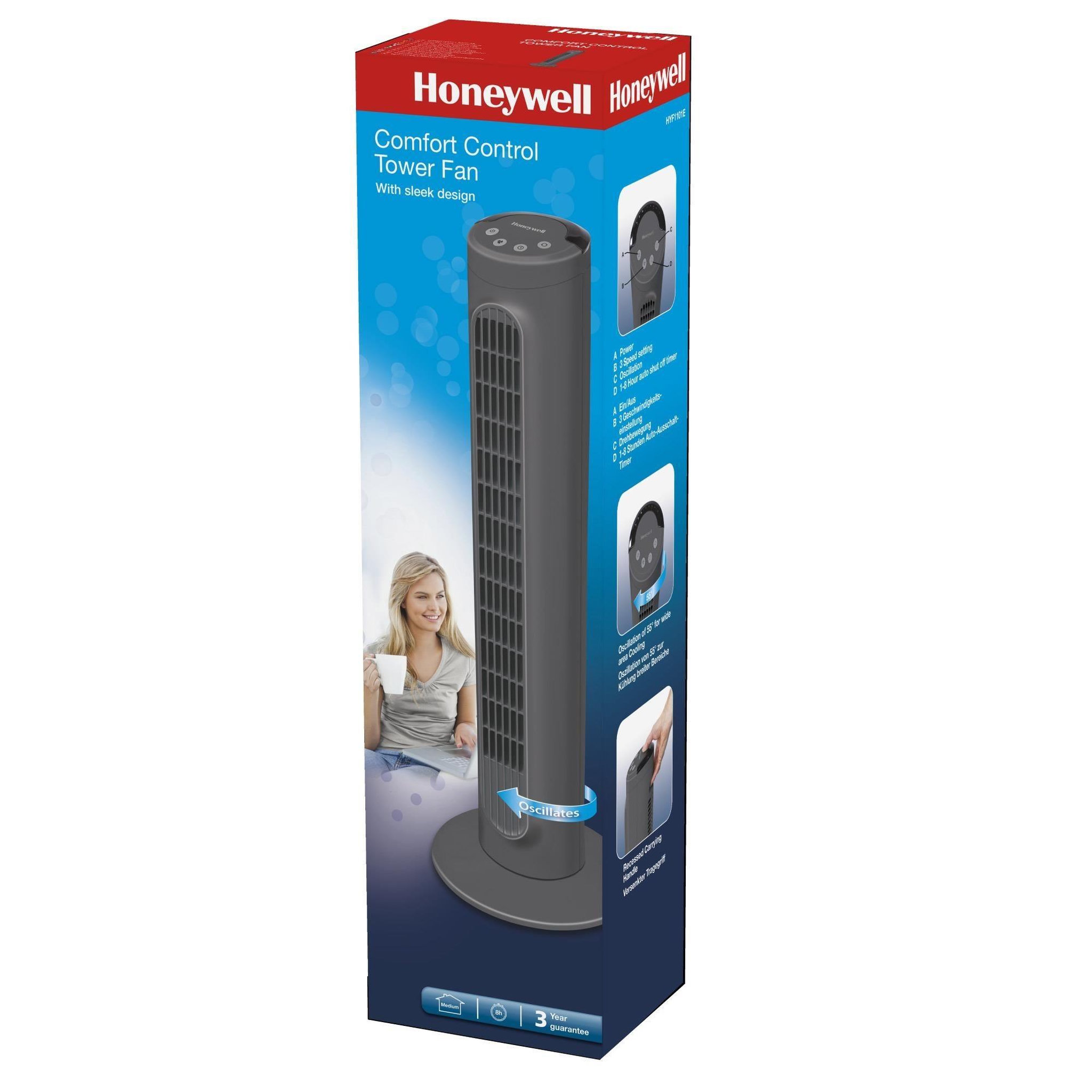 Voir la diapositive 2 : Honeywell Ventilateur colonne 80 cm 36w 3 vitesses gris - hyf1101e4