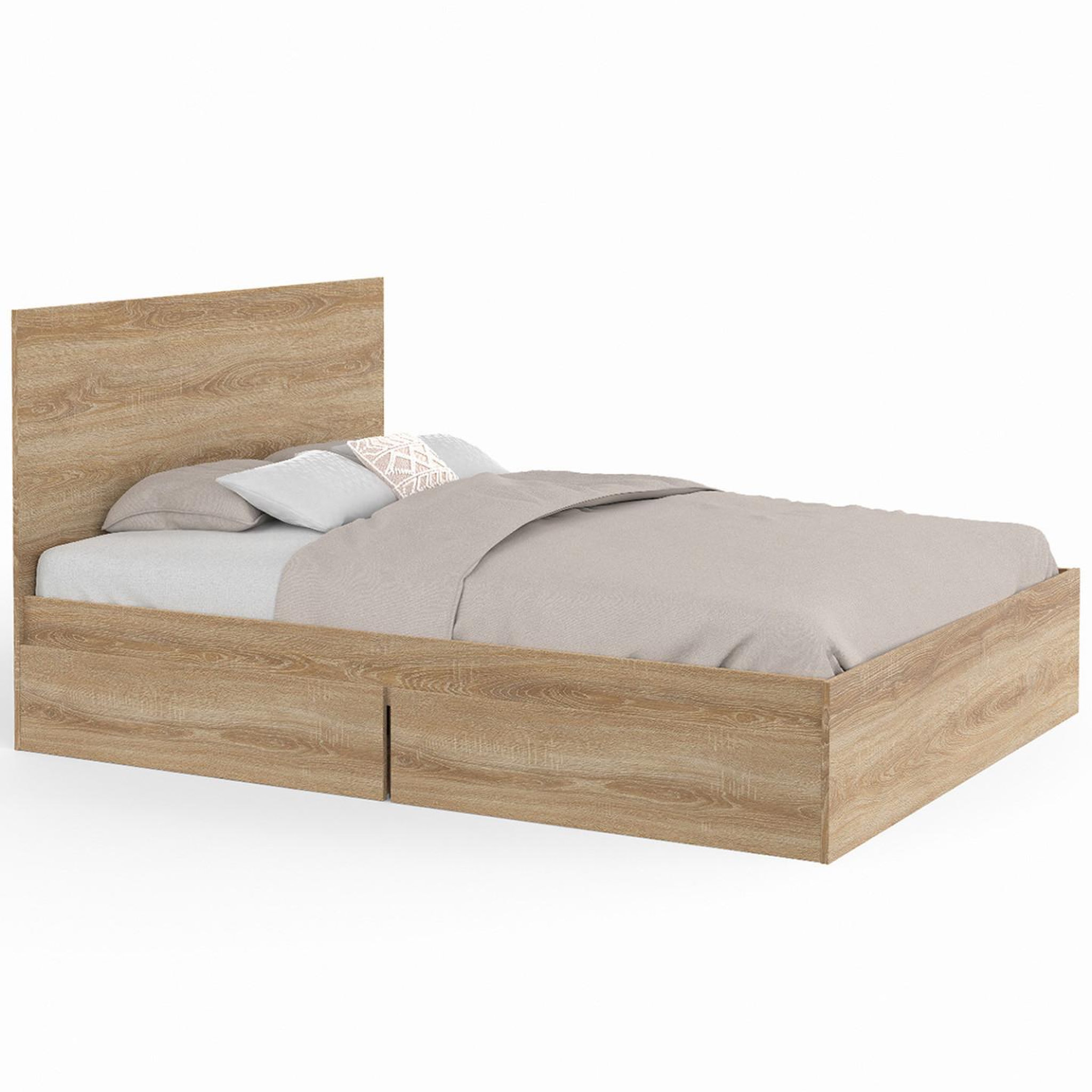 ID MARKET Lit double omaha 4 tiroirs sur roulettes avec tête de lit et sommier 140 x 190 cm façon hêtre