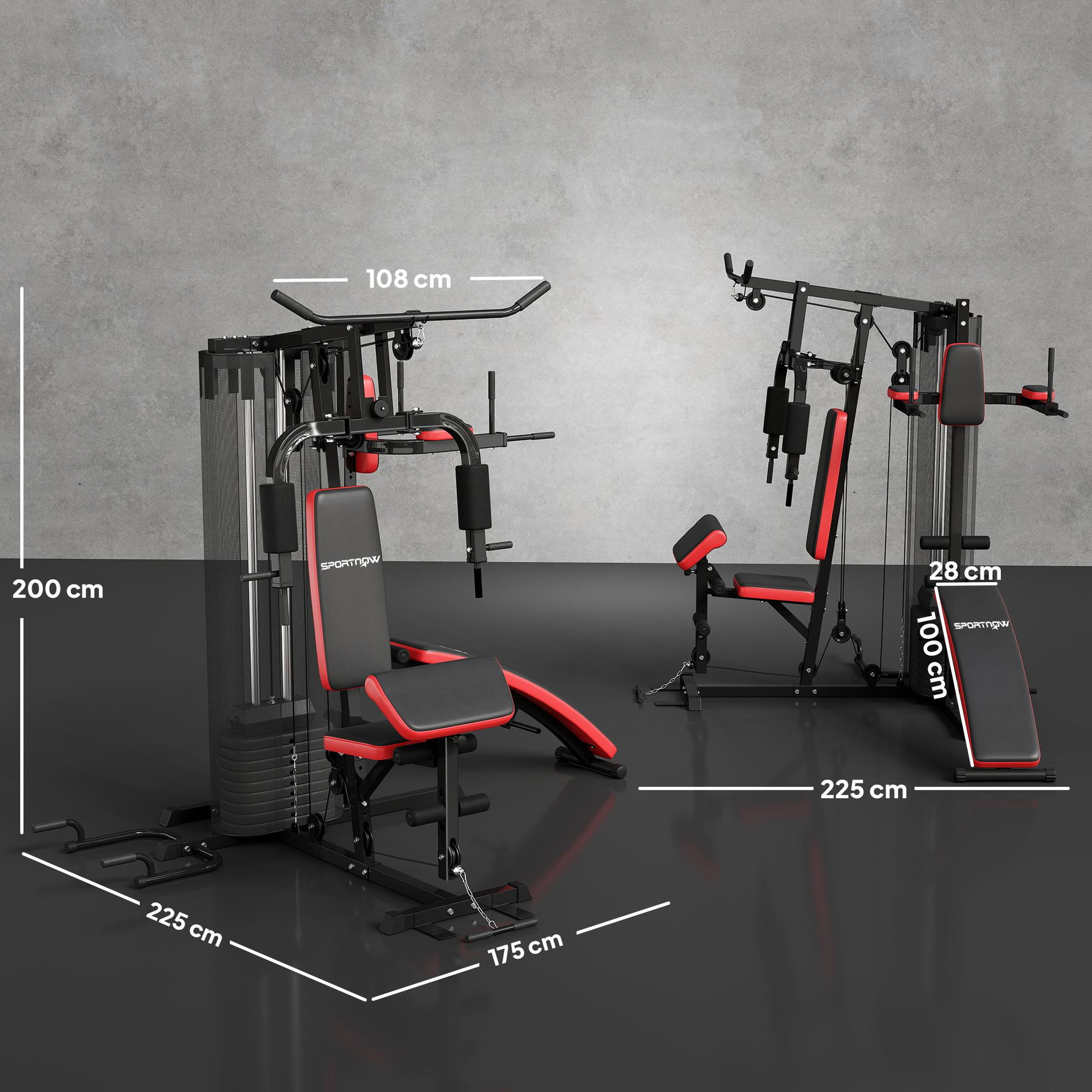 Voir la diapositive 3 : HOMCOM Station de musculation - banc, développé couché, butterfly, barre latissimus et traction, curler, bande résistance, 10 contrepoids - rouge