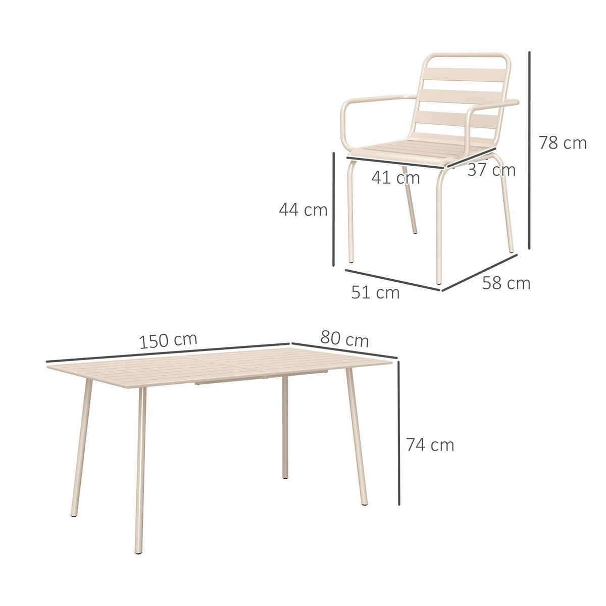 OUTSUNNY Salon de jardin 6 places 7 pièces - table à manger 6 chaises empilables - acier thermolaqué beige