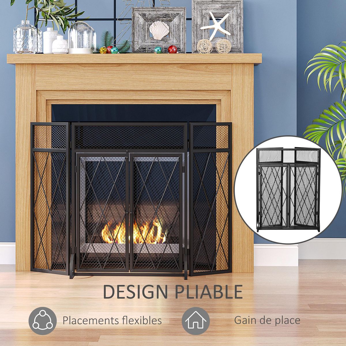 HOMCOM Pare-feu large pour cheminée ou poêle - pare-étincelles - 3 volets pliables et portes - métal noir