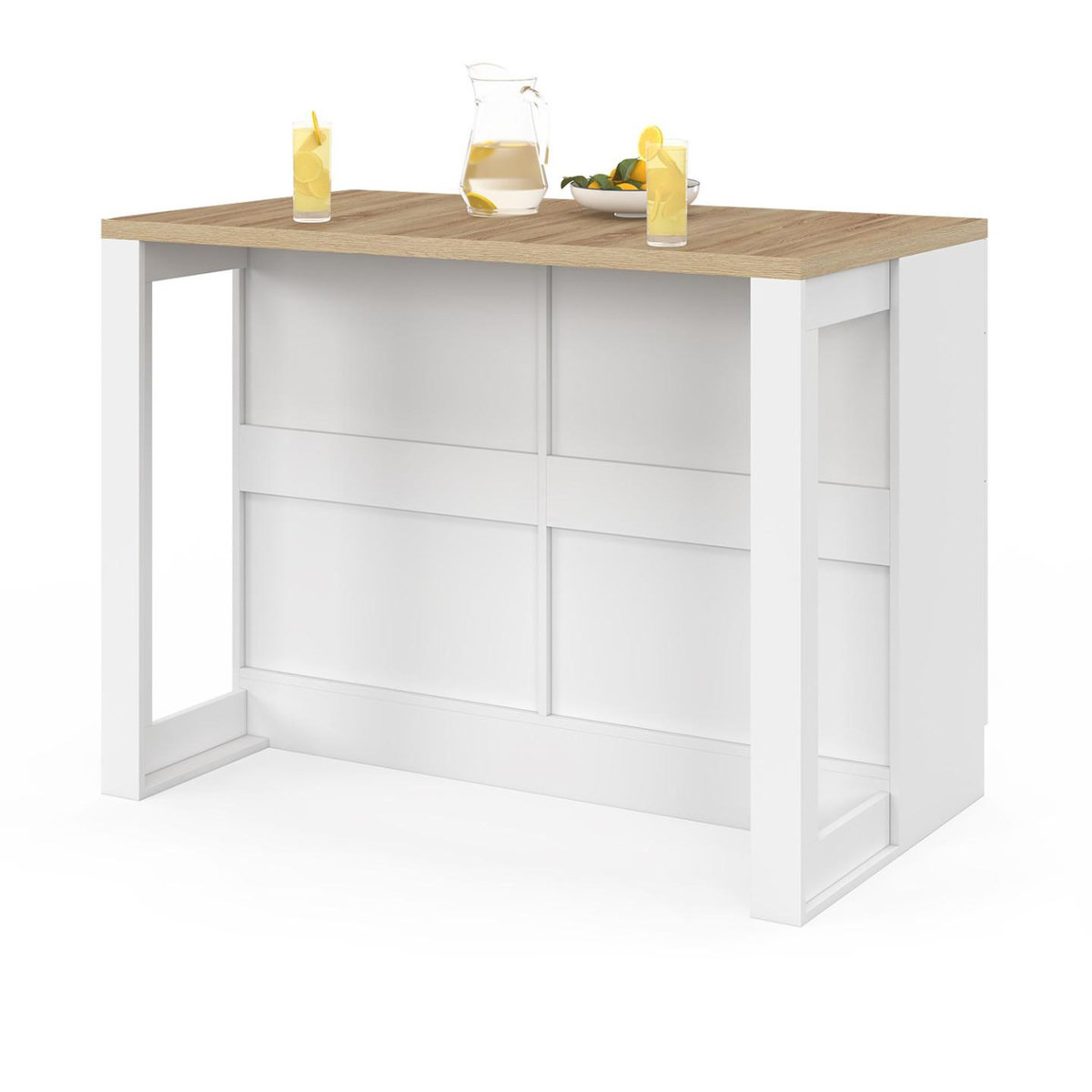 ID MARKET Ilot central mange-debout ORSO 120 cm casserolier 6 tiroirs blanc et plateau bois