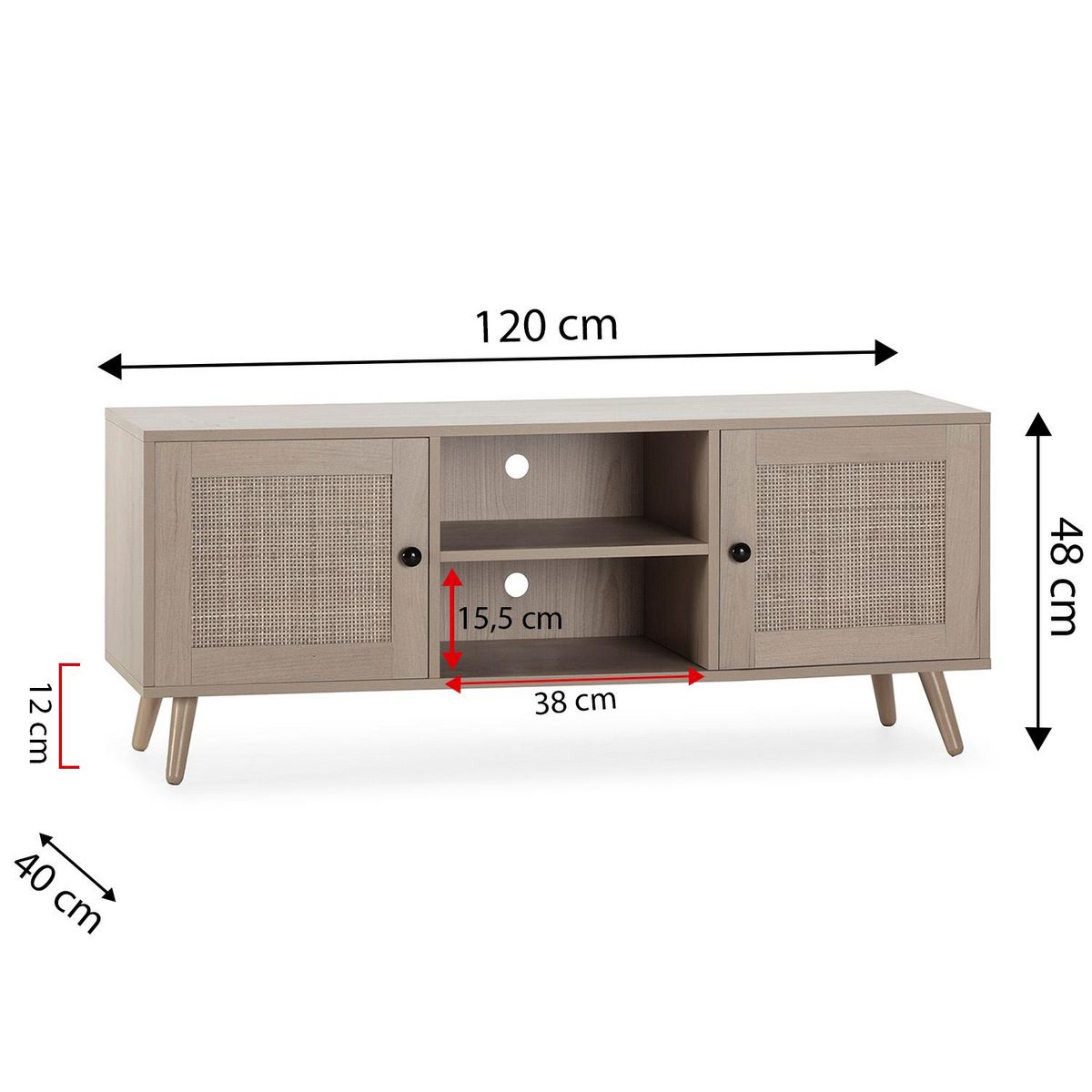 VS VENTA-STOCK Meuble TV Bella 2 Portes Couleur Chêne avec Rotin Naturel
