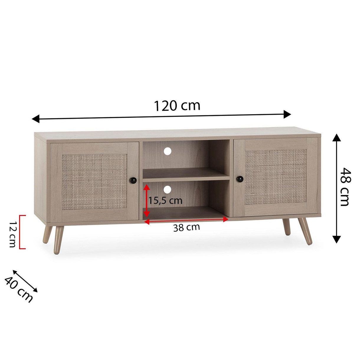 VS VENTA-STOCK Meuble TV Bella 2 Portes Couleur Chêne avec Rotin Naturel