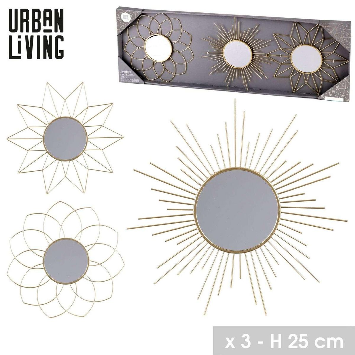 DIVERS Set de 3 miroirs Gold Home - Doré