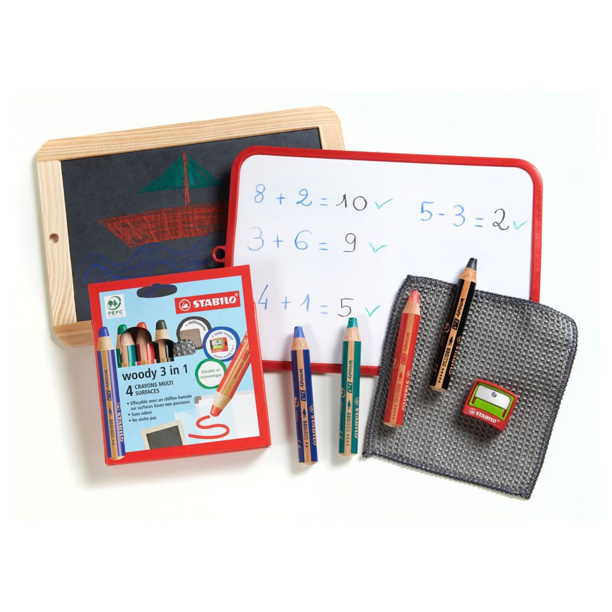 STABILO Lot de 4 Woody 3 en 1 + taille-crayon + chiffonnette