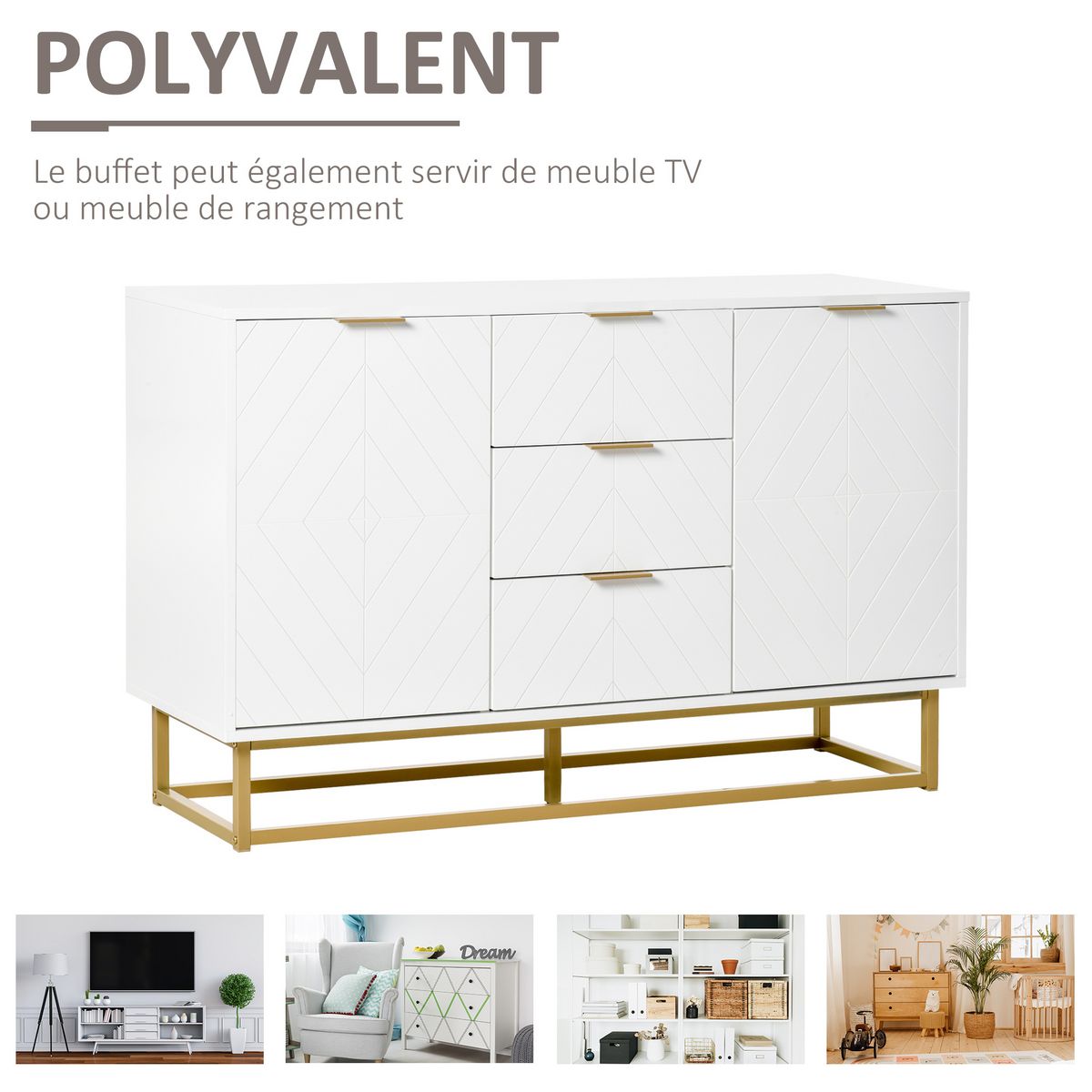 HOMCOM Buffet design contemporain graphique 2 placards porte étagères réglables 3 tiroirs coulissants MDF blanc métal doré