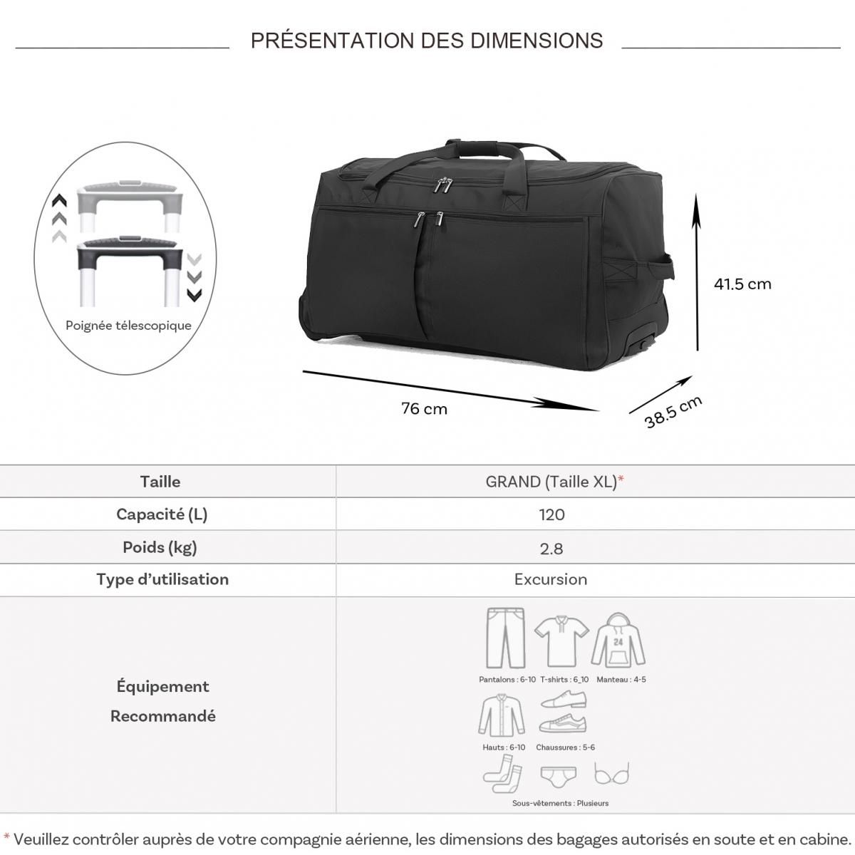 David Jones Sac de voyage avec roulettes 120L grand volume 76cm