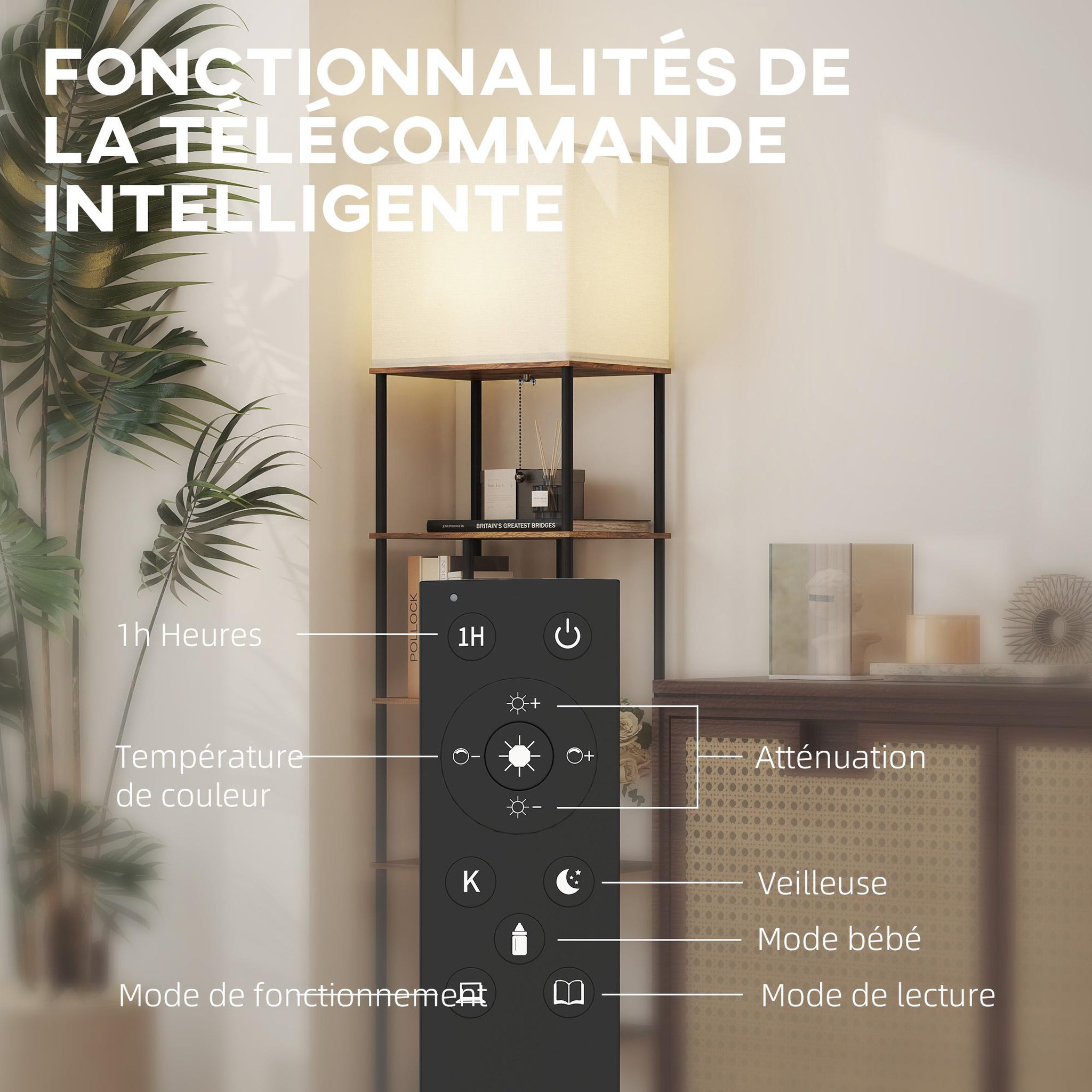 Voir la diapositive 5 : HOMCOM Lampadaire étagère LED design industriel - 5 niveaux de rangement H.171cm - métal noir aspect bois
