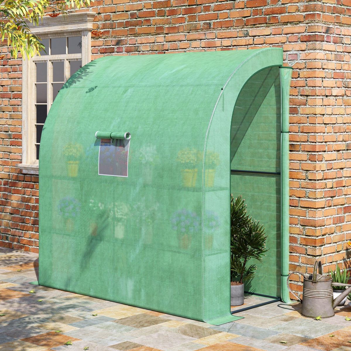 OUTSUNNY Serre de jardin adossée serre adossée dim. 2L x 1l x 2,13H m 4 étagères 2 portes zippées 1 fenêtre acier PE haute densité vert