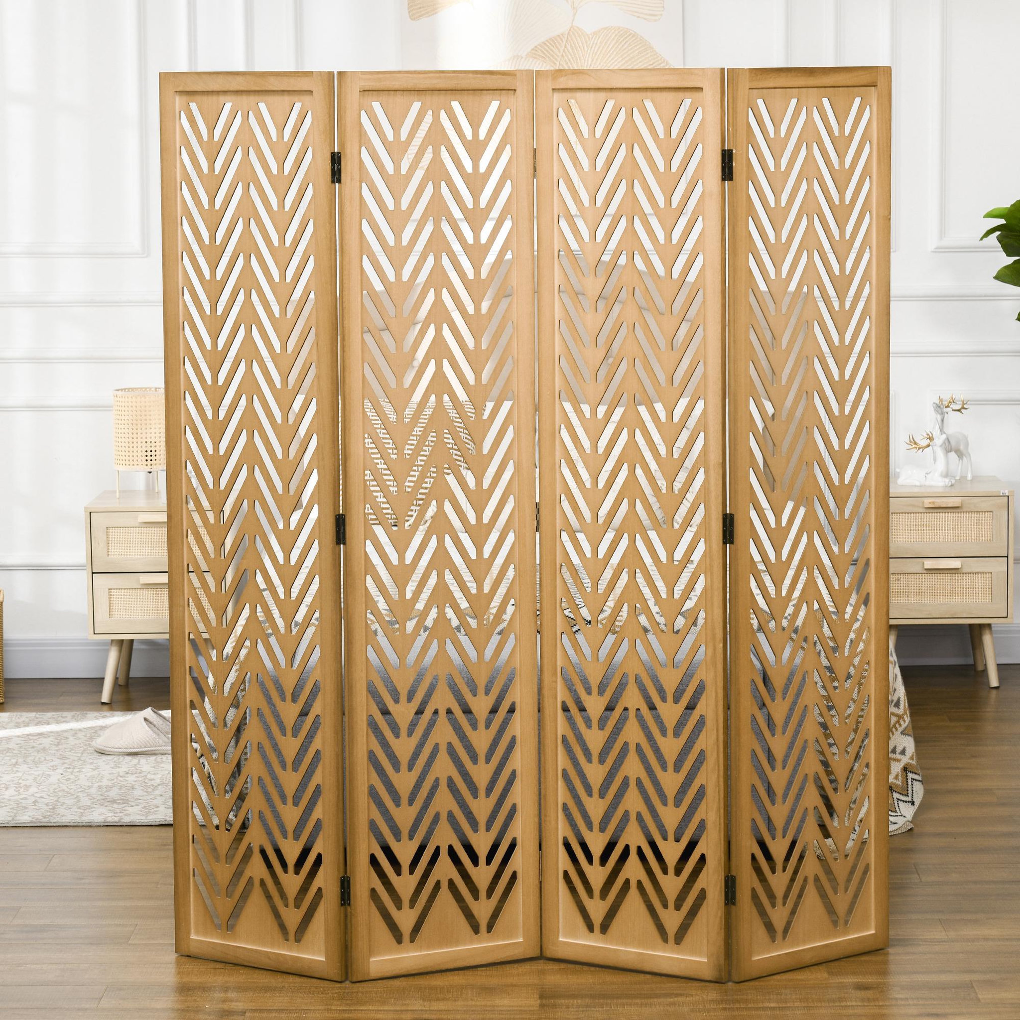 Voir la diapositive 2 : HOMCOM Paravent intérieur ajouré 4 panneaux pliables séparateur de pièce bois de paulownia verni