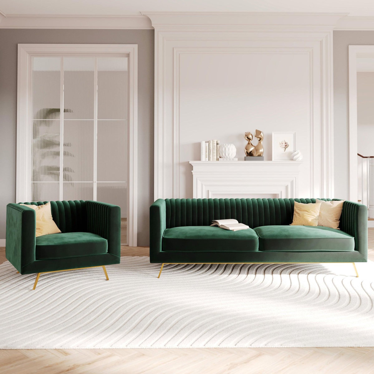 MAISON PAVANE Ensemble canapé et fauteuil en velours vert 3 places-Gatsby