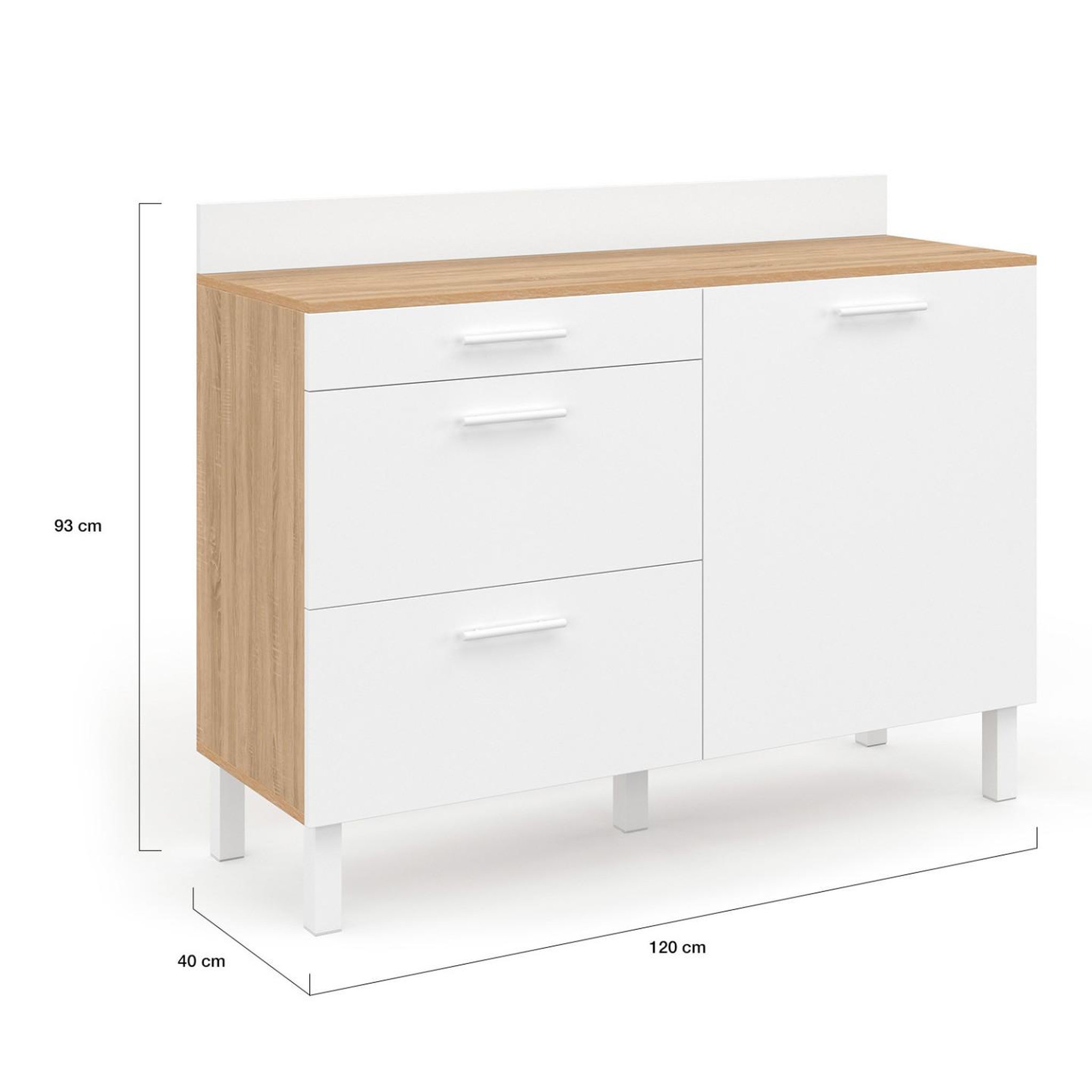 Voir la diapositive 6 : ID MARKET Buffet bas de cuisine 120 cm casserolier cina plan de travail h.83 cm 1 porte + 3 tiroirs façon hêtre et blanc