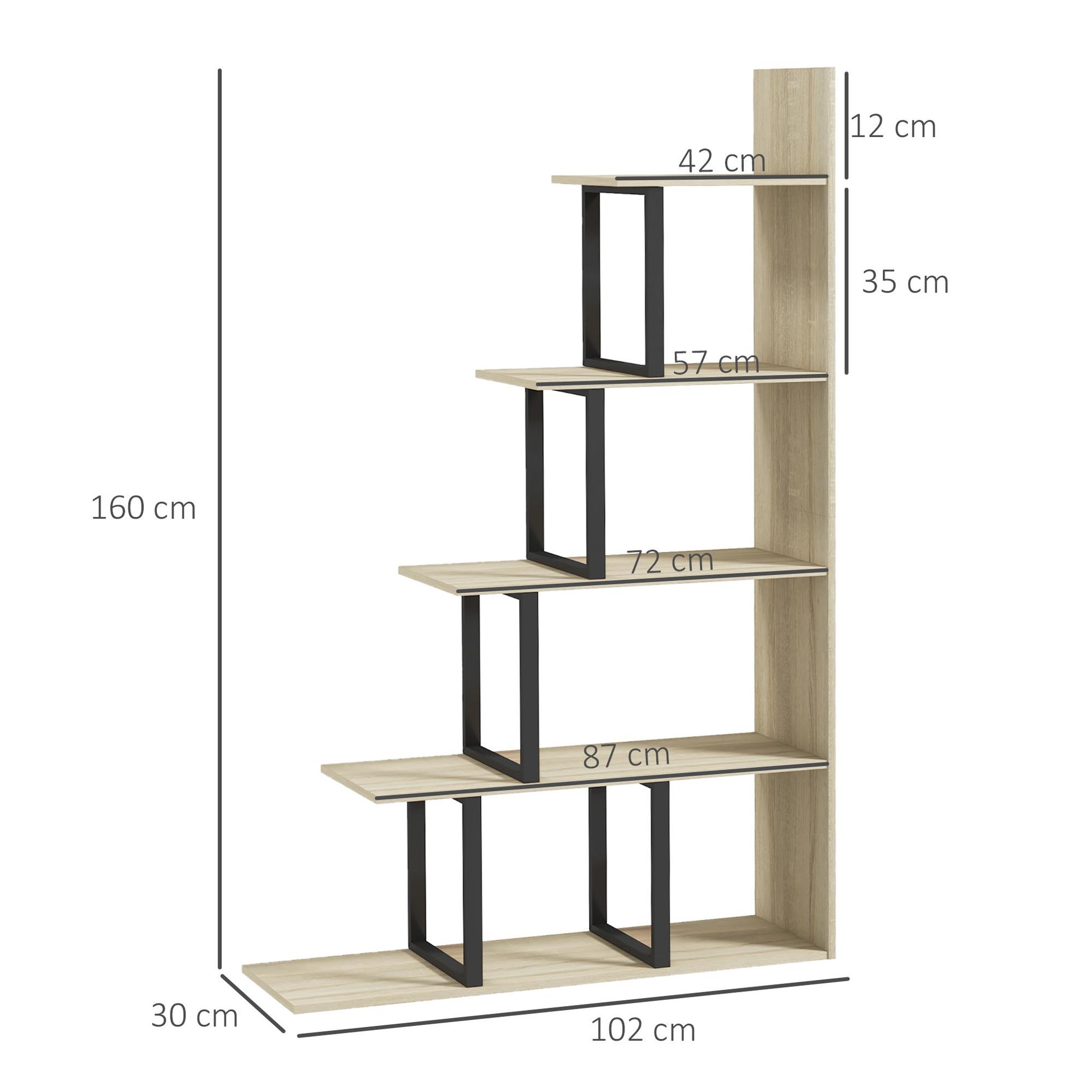 Voir la diapositive 3 : HOMCOM Étagère bibliothèque séparateur de pièce style industriel en escalier 5 étagères acier noir panneaux aspect bois chêne clair