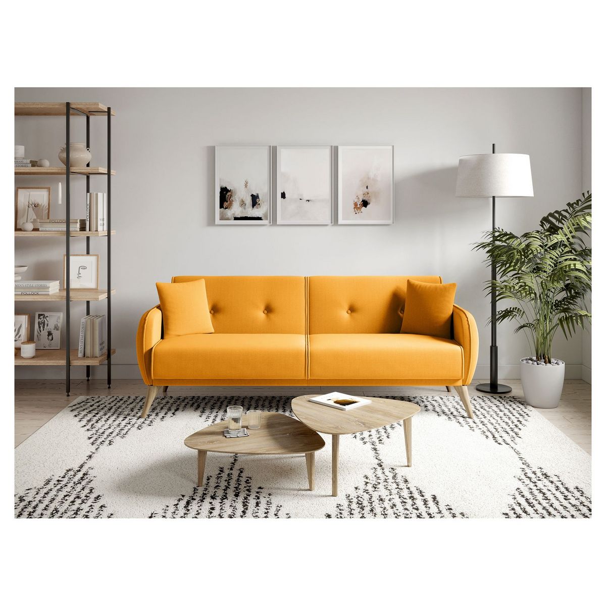 Canapé droit convertible 3 places tissu pieds bois clair BONJO