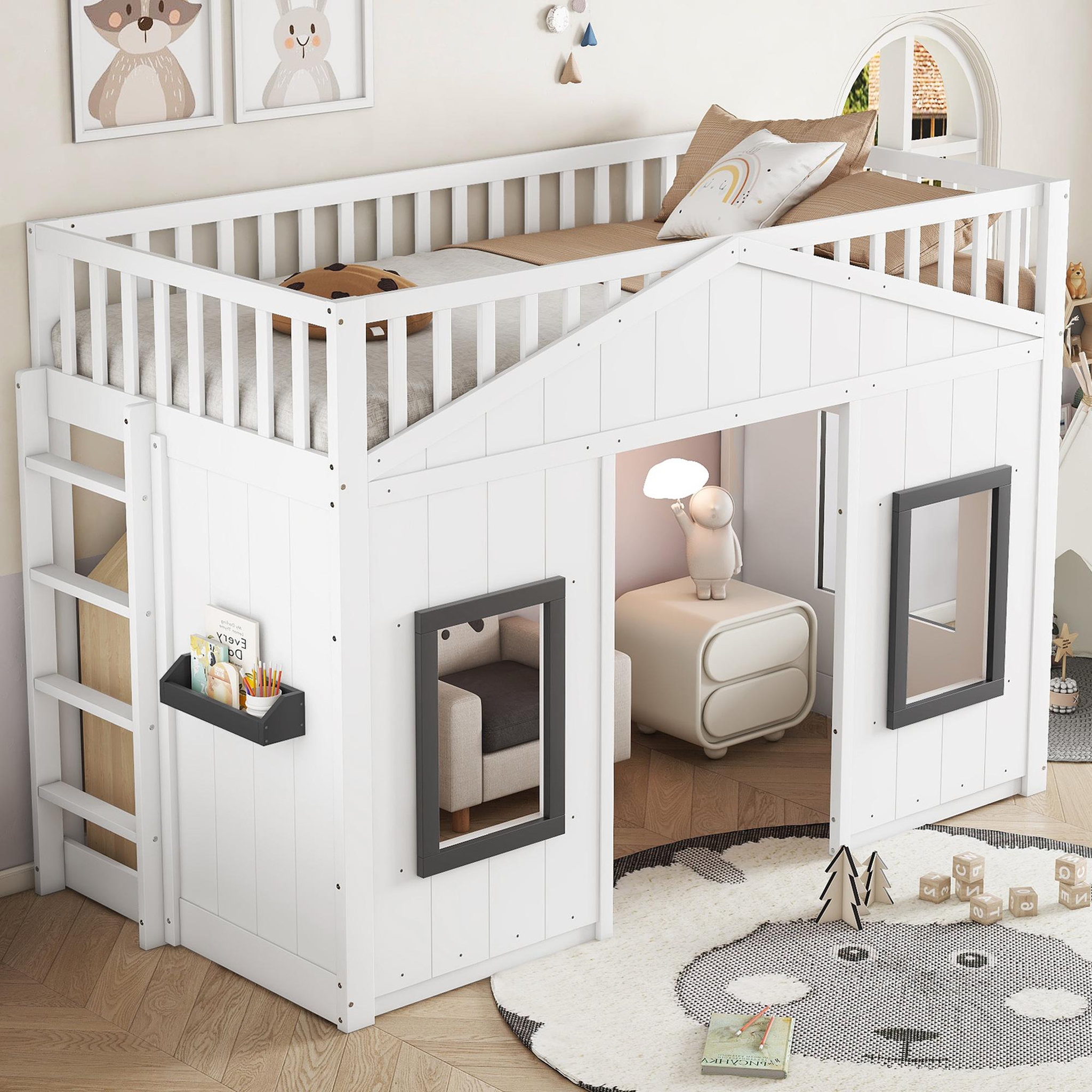 Voir la diapositive 5 : MERAX Lit combiné enfant 90x200cm bois et mdf coloris blanc