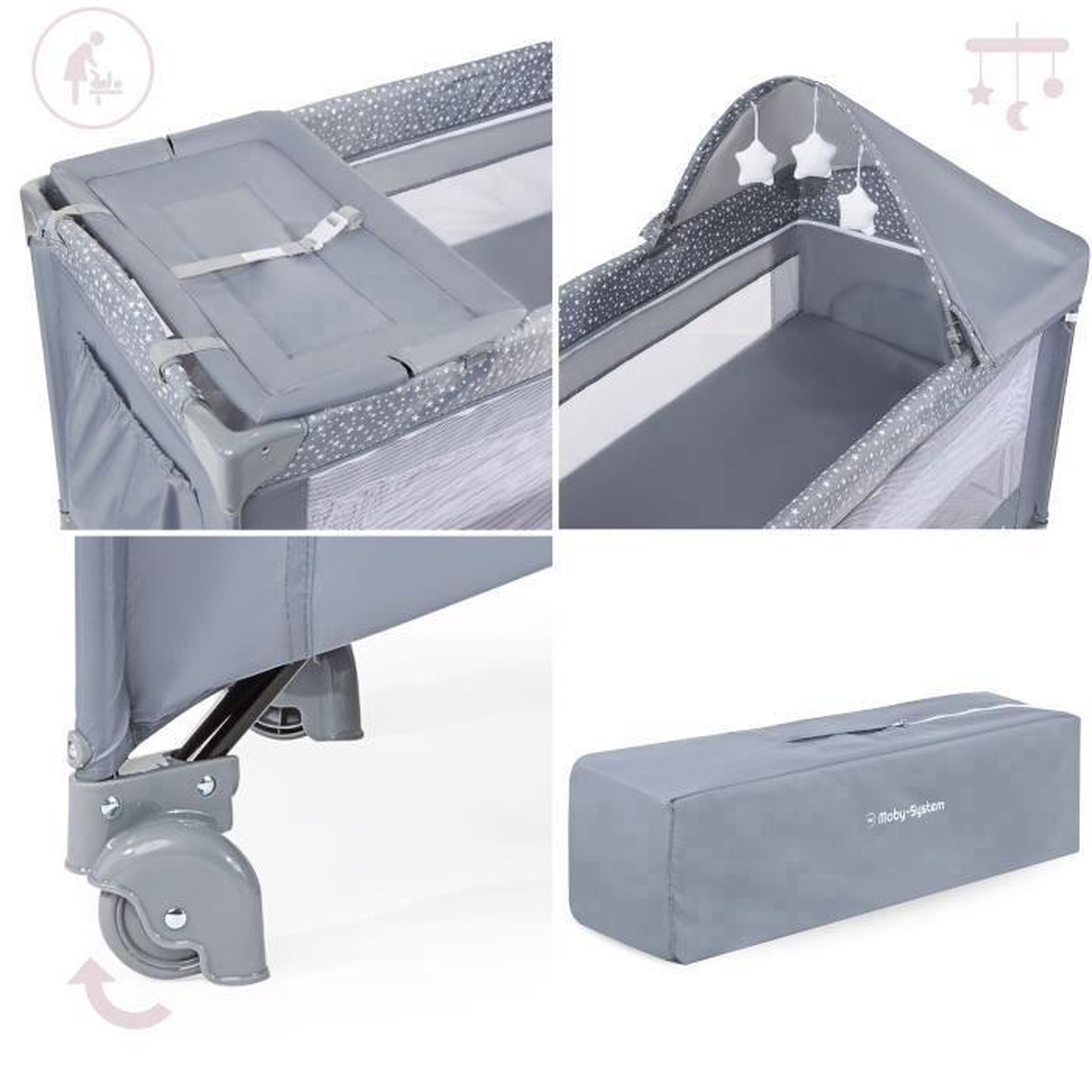 Voir la diapositive 4 : MOBY SYSTEM Lit Parapluie Bébé 2 niveaux de matelas (Haut 0-6 mois, Bas 6-36 mois), Pliable
