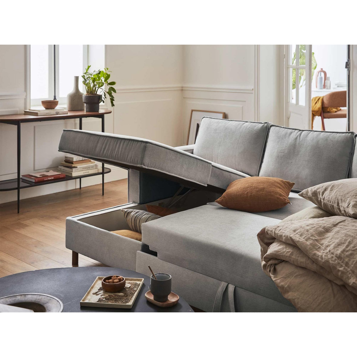 LISA DESIGN Jake - canapé panoramique en u - 7 places - convertible avec coffre - en velours côtelé