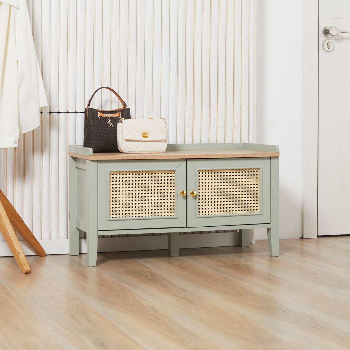 HOMCOM Meuble chaussures banc à chaussures 2 en 1 style bohème chic 2 portes étagère réglable - MDF vert d'eau aspect chêne clair rotin