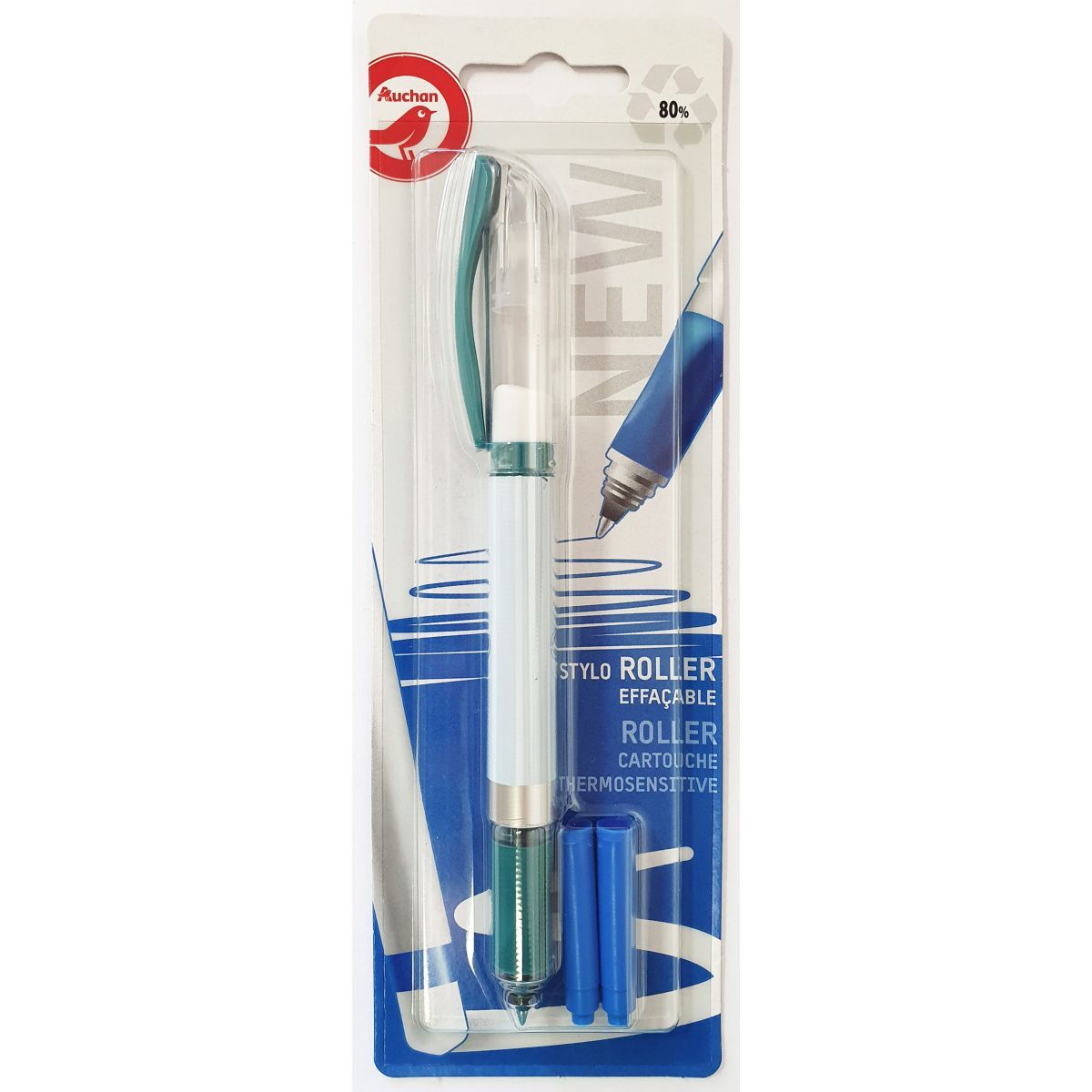 AUCHAN Stylo roller effaçable bleu + 2 cartouches bleues