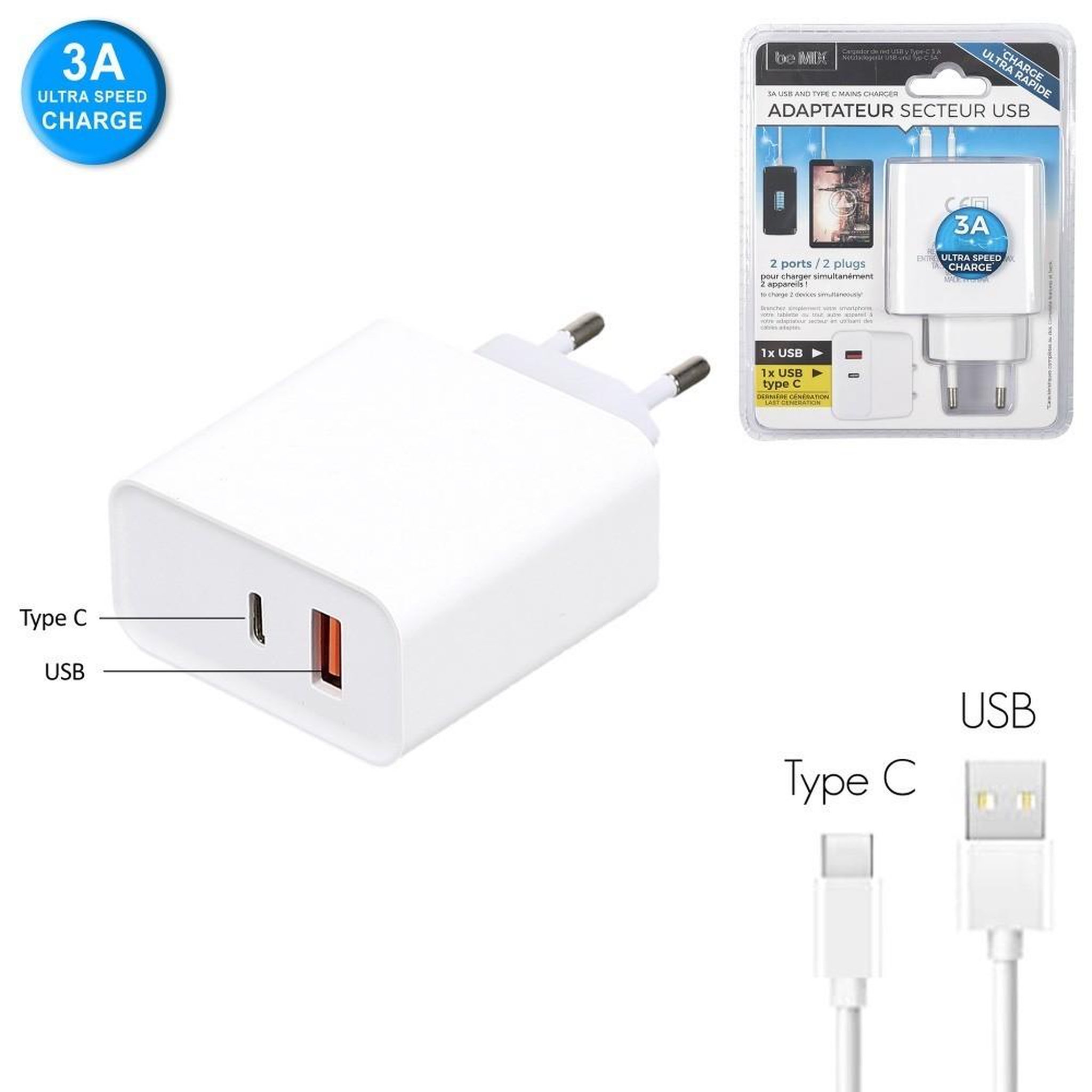 Voir la diapositive 4 : The Home Deco Factory Chargeur secteur USB + Type C