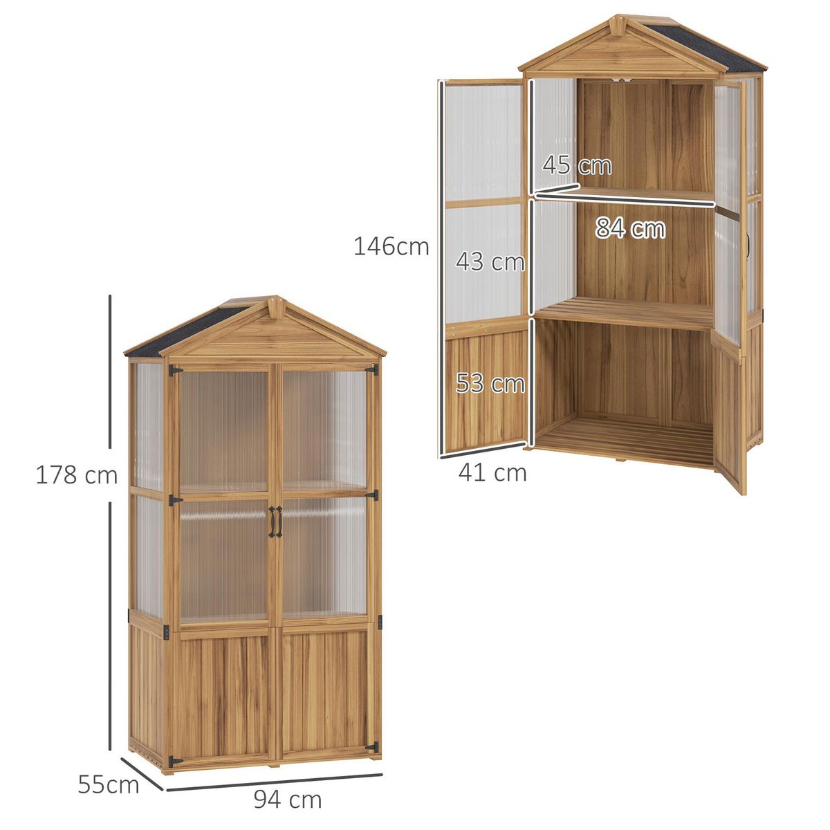 OUTSUNNY Armoire de jardin en bois - 2 portes, 2 étagères, toit bitumé - dim. 94 x 55 x 178 cm - sapin pré-huilé polycarbonate