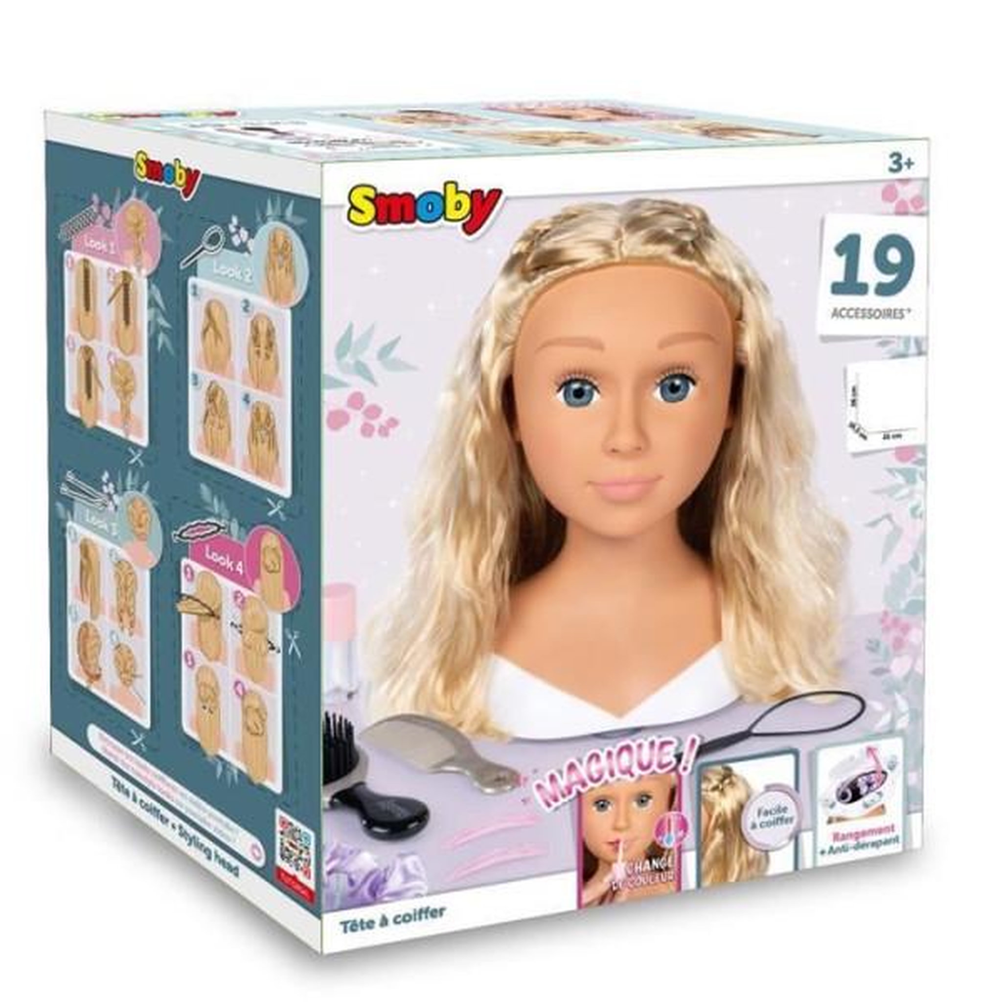 Voir la diapositive 6 : SMOBY Smoby - Tete a coiffer blonde - Facile a coiffer - 19 accessoires réalistes - Levres thermosensibles - Trappe de rangement