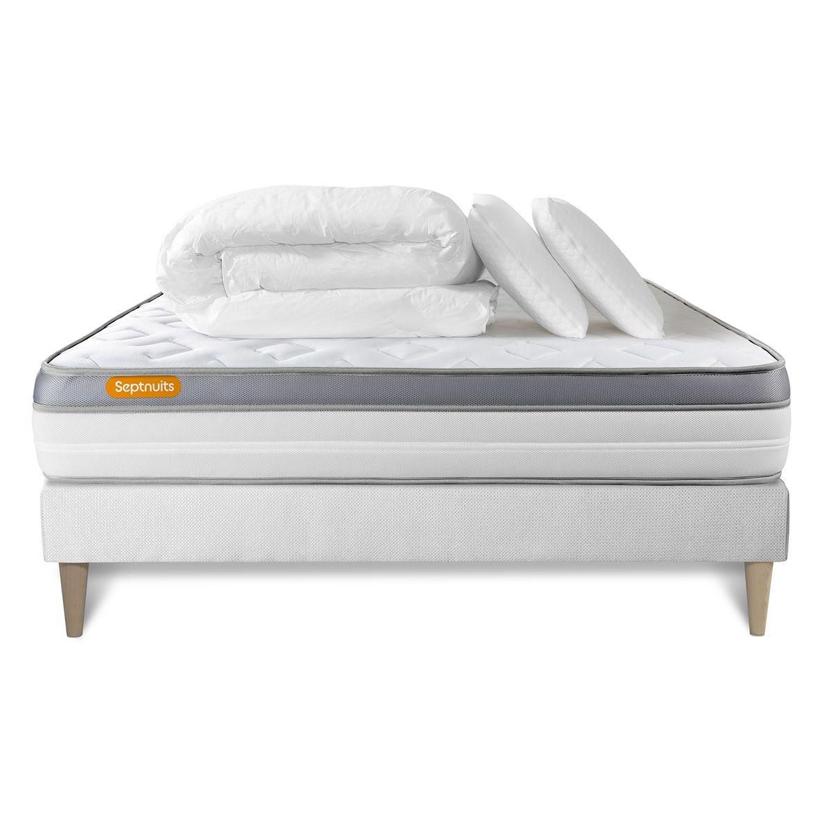 SEPTNUITS Pack matelas + sommier kit blanc Memo Zen Mousse à mémoire de forme MAXI épaisseur + Couette + 2 oreillers