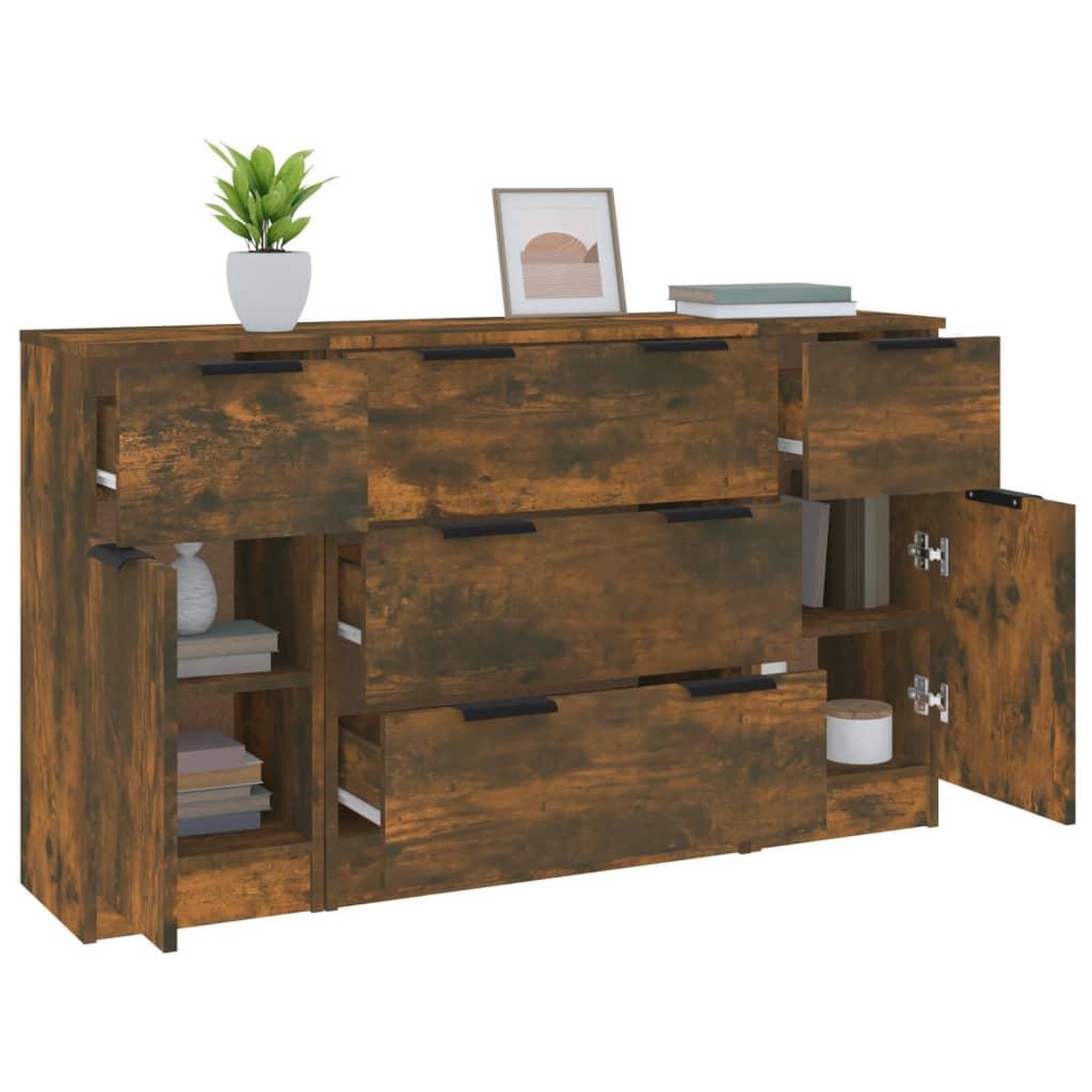 Voir la diapositive 4 : VIDAXL Ensemble de buffets 3 pcs chene fume bois d'ingenierie
