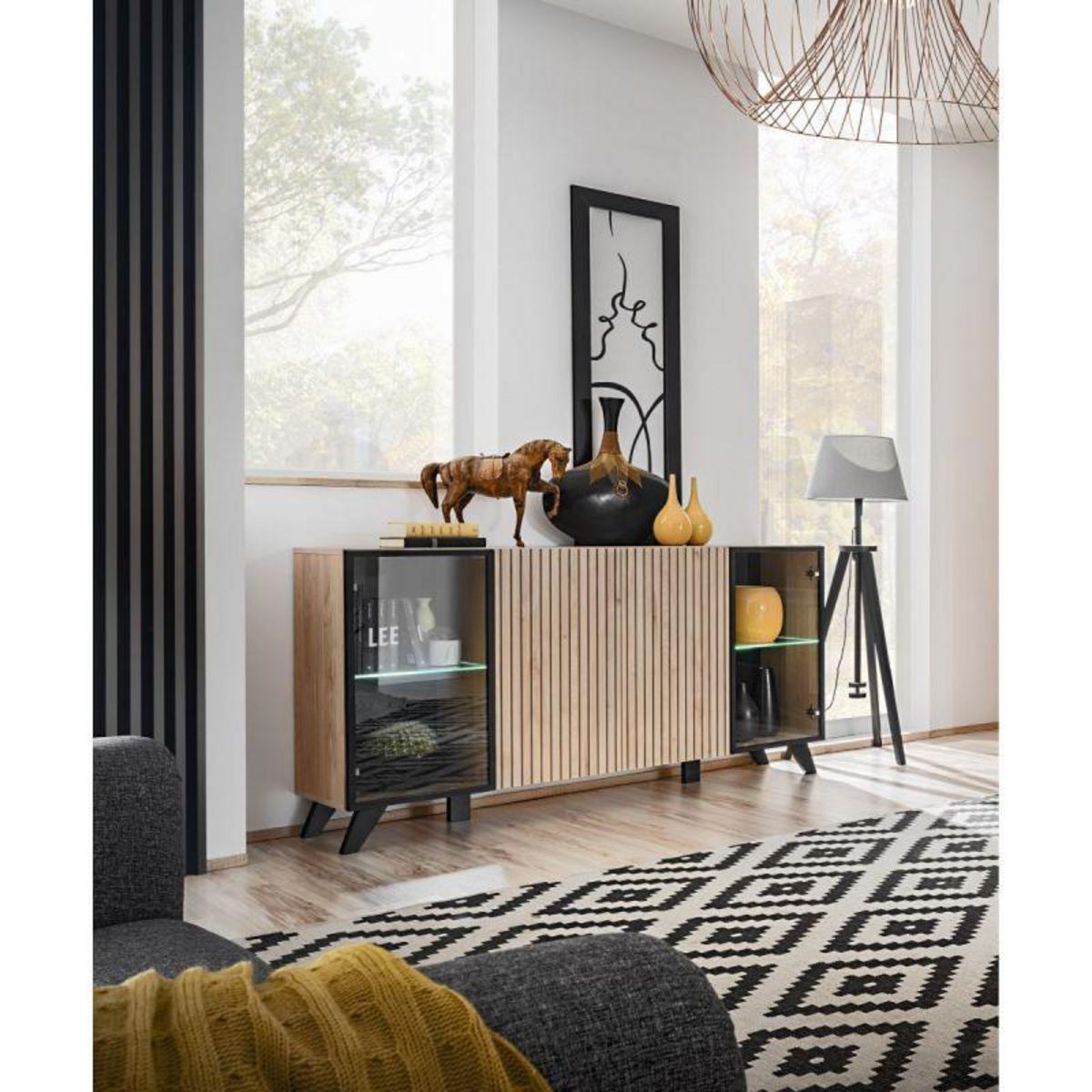 Paris Prix Buffet 4 Portes Design  Liam  160cm Naturel & Noir