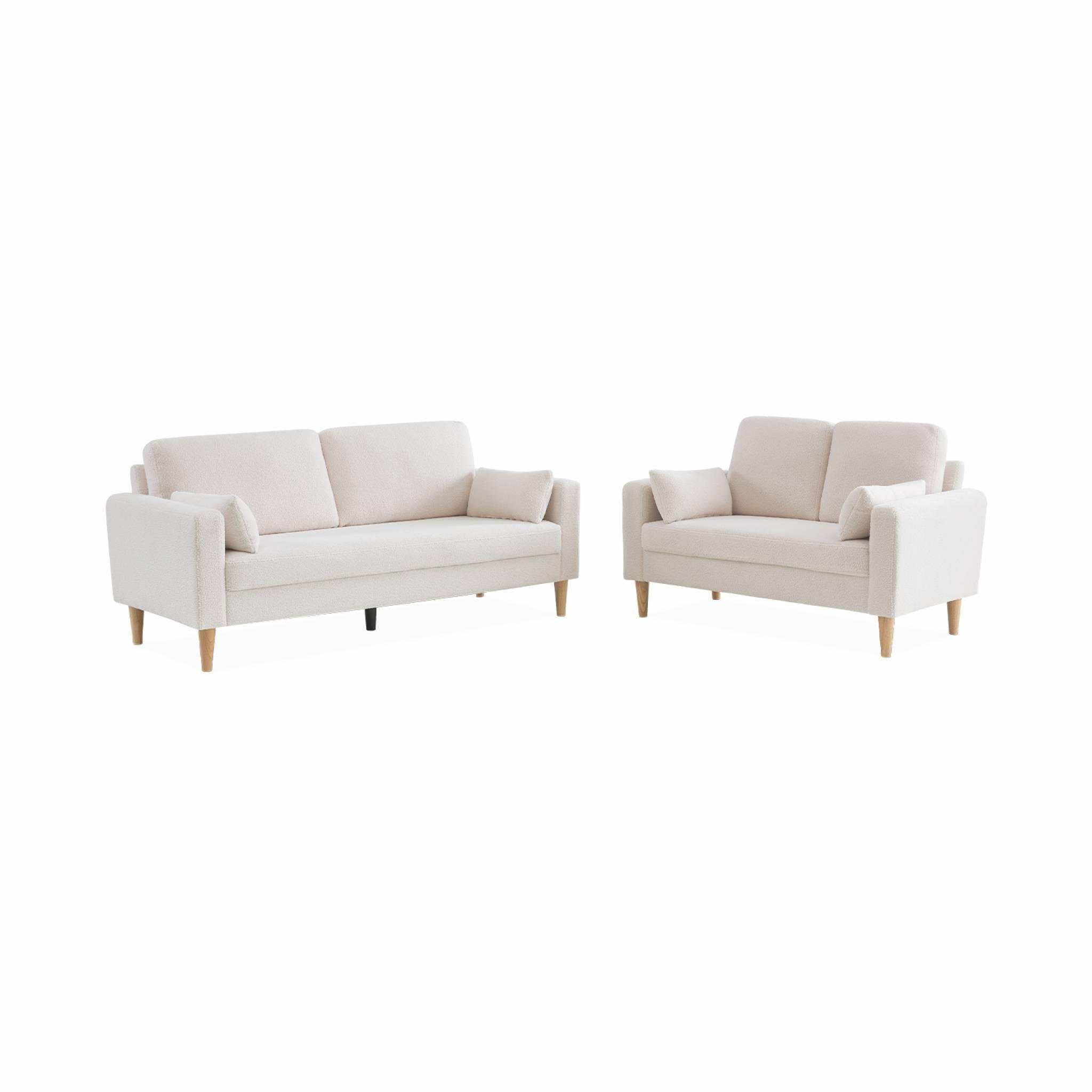 Voir la diapositive 6 : SWEEEK Canapé à bouclettes blanc cassé - Bjorn - Canapé 2 places fixe droit pieds bois. style scandinave