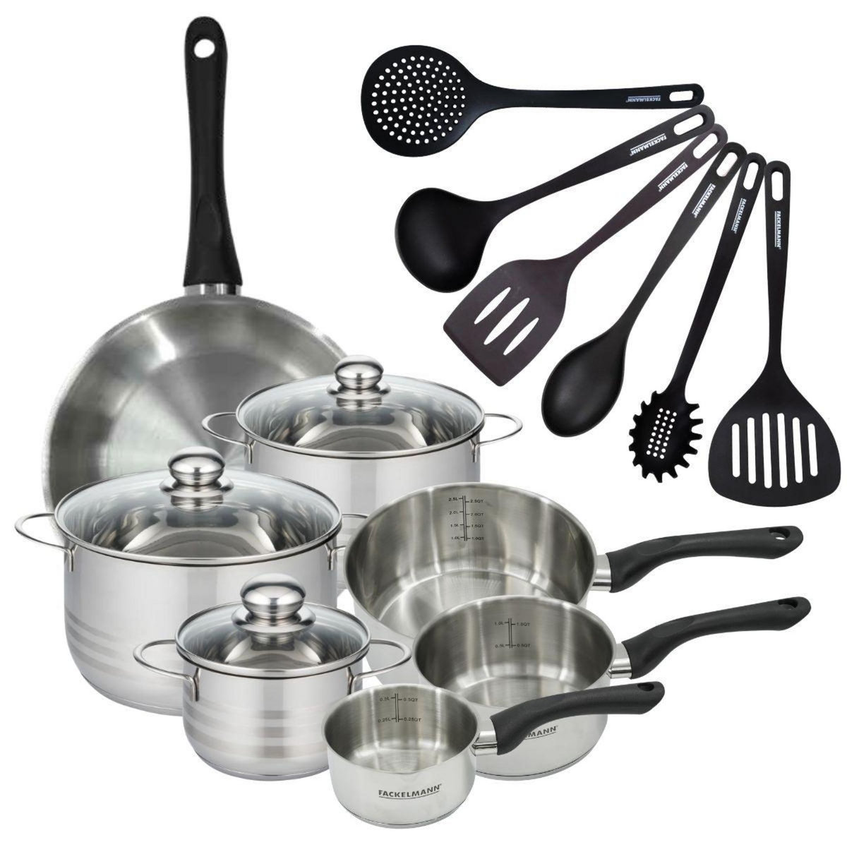 Fackelmann Set 1 poêle 28 cm 3 casseroles 12 16 20 cm, 3 faitouts 16, 20 et 24 cm en inox et 6 ustensiles RPET Fackelmann Geneva