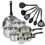 Fackelmann Set 1 poêle 28 cm 3 casseroles 12 16 20 cm, 3 faitouts 16, 20 et 24 cm en inox et 6 ustensiles RPET Fackelmann Geneva