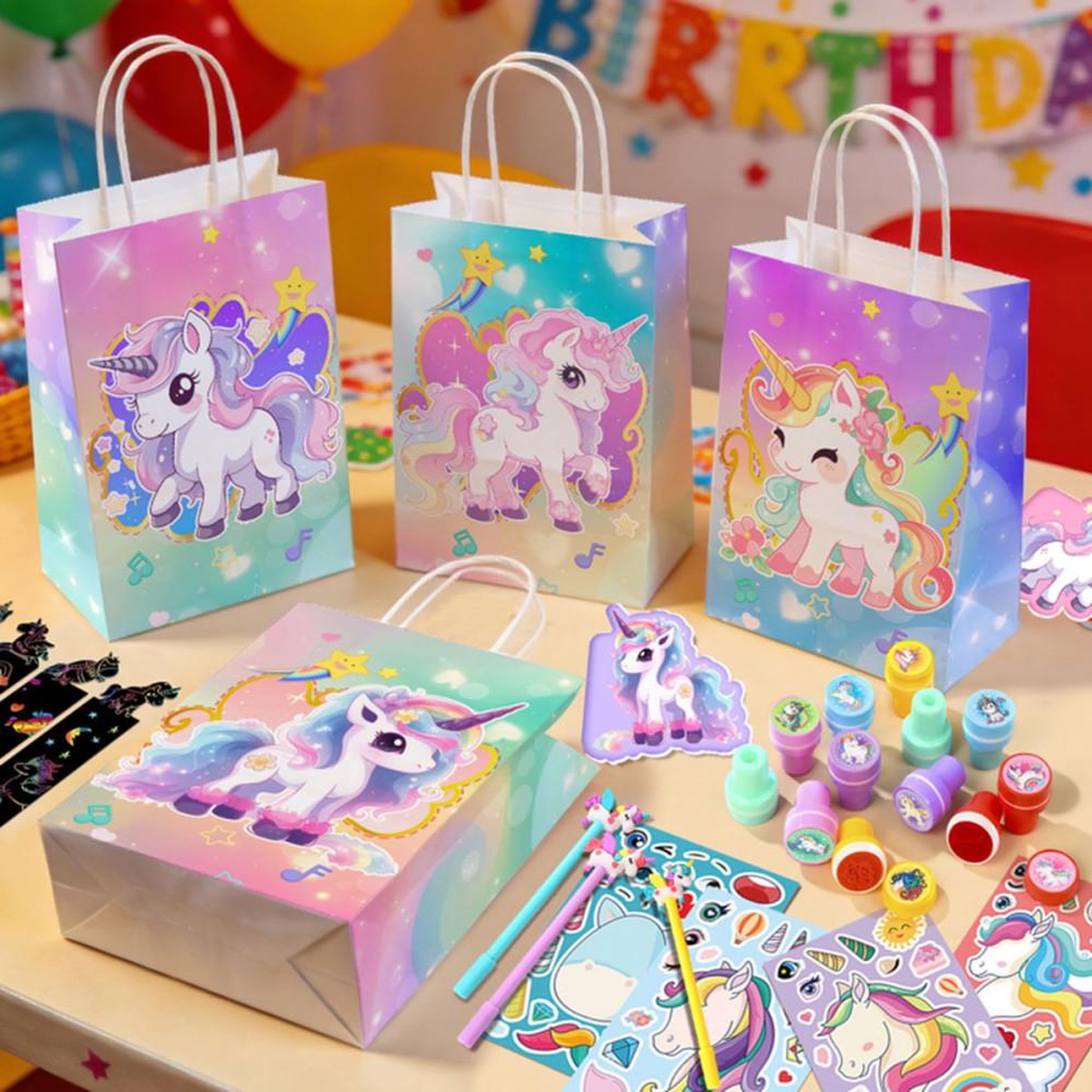 Voir la diapositive 3 : Kit de remplissage sac cadeau licorne multicolore, set 108 pièces pour enfants