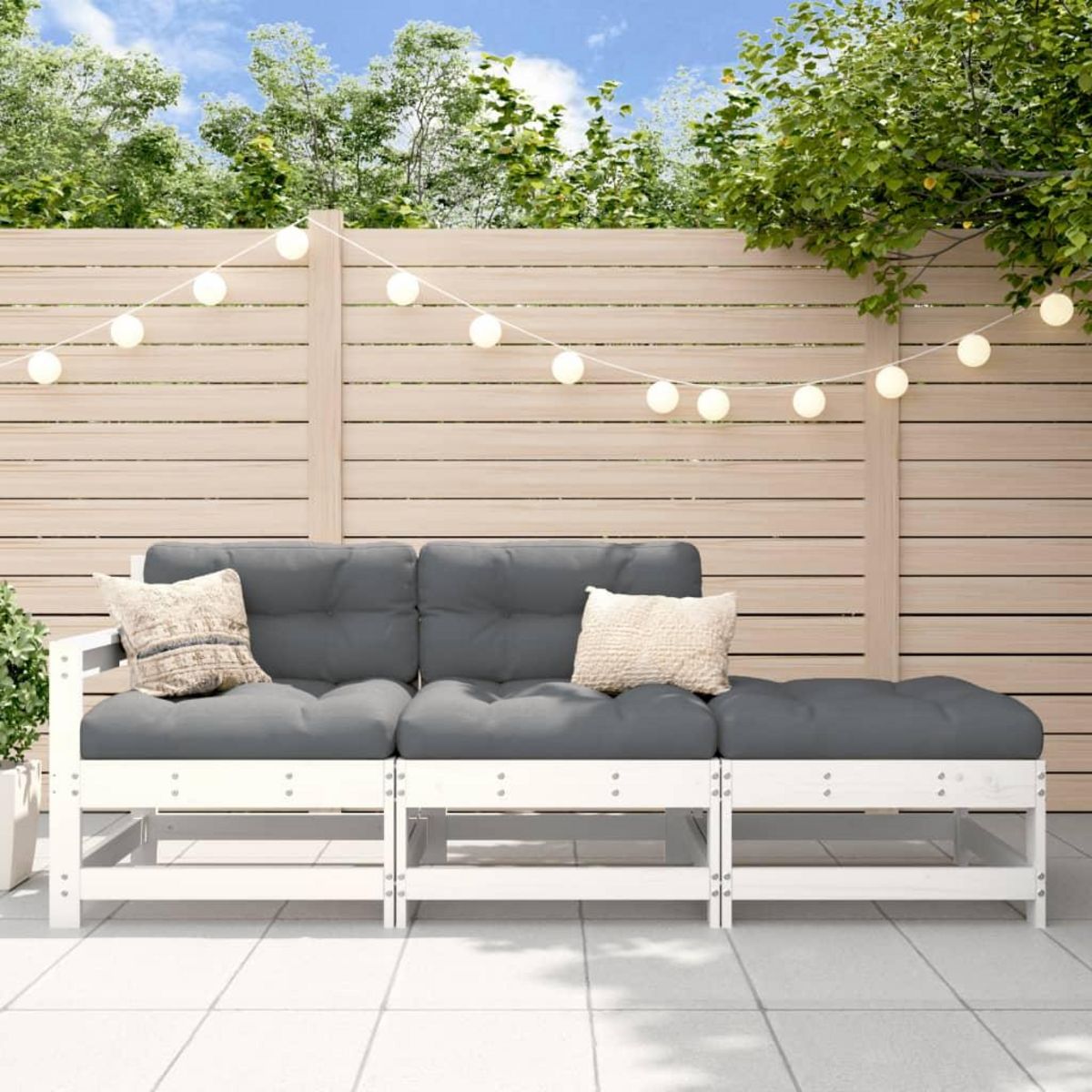 VIDAXL Salon de jardin 3 pcs avec coussins blanc bois massif