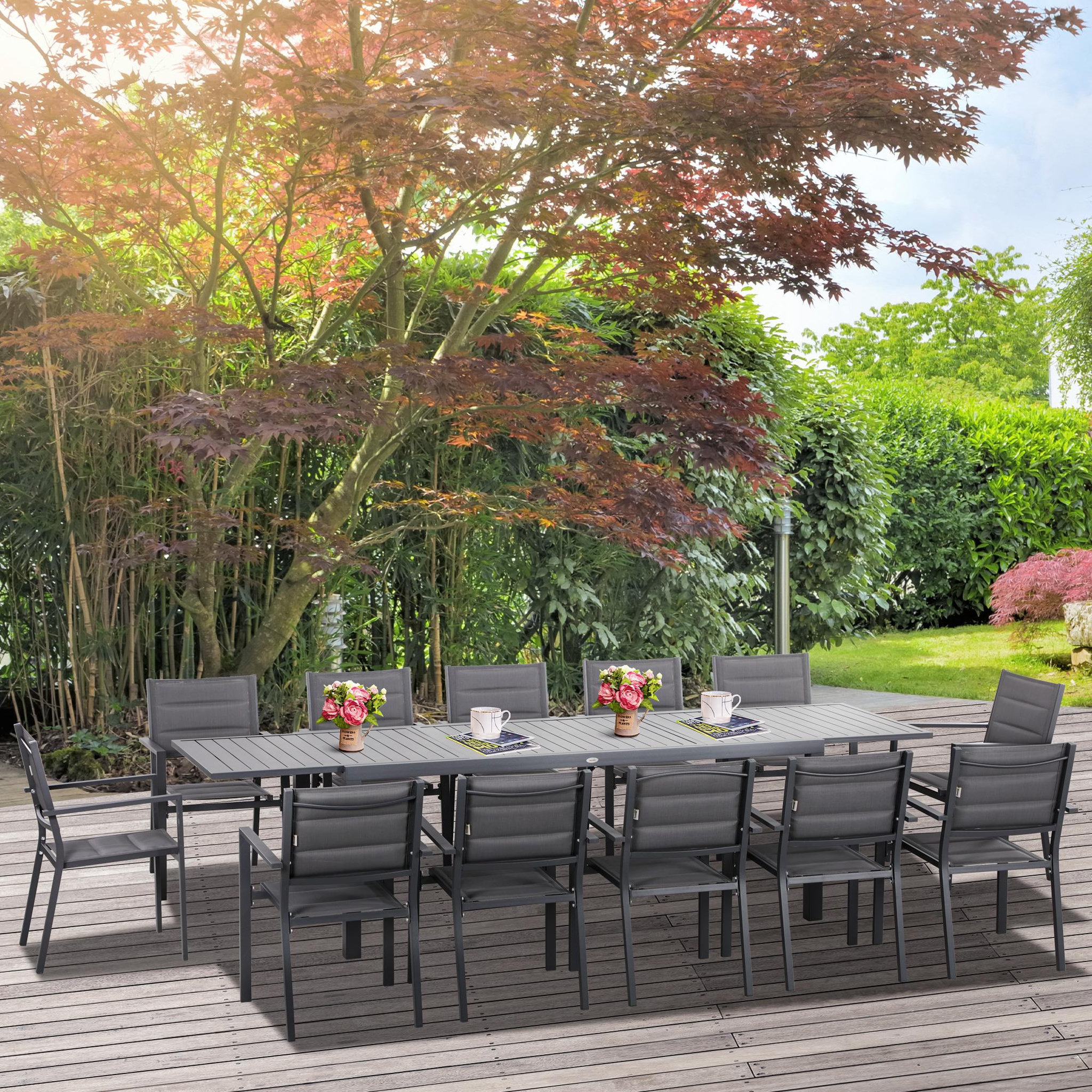 Voir la diapositive 2 : OUTSUNNY Ensemble de jardin 12 personnes chaises empilables table extensible 200/300l cm alu. Textilène gris