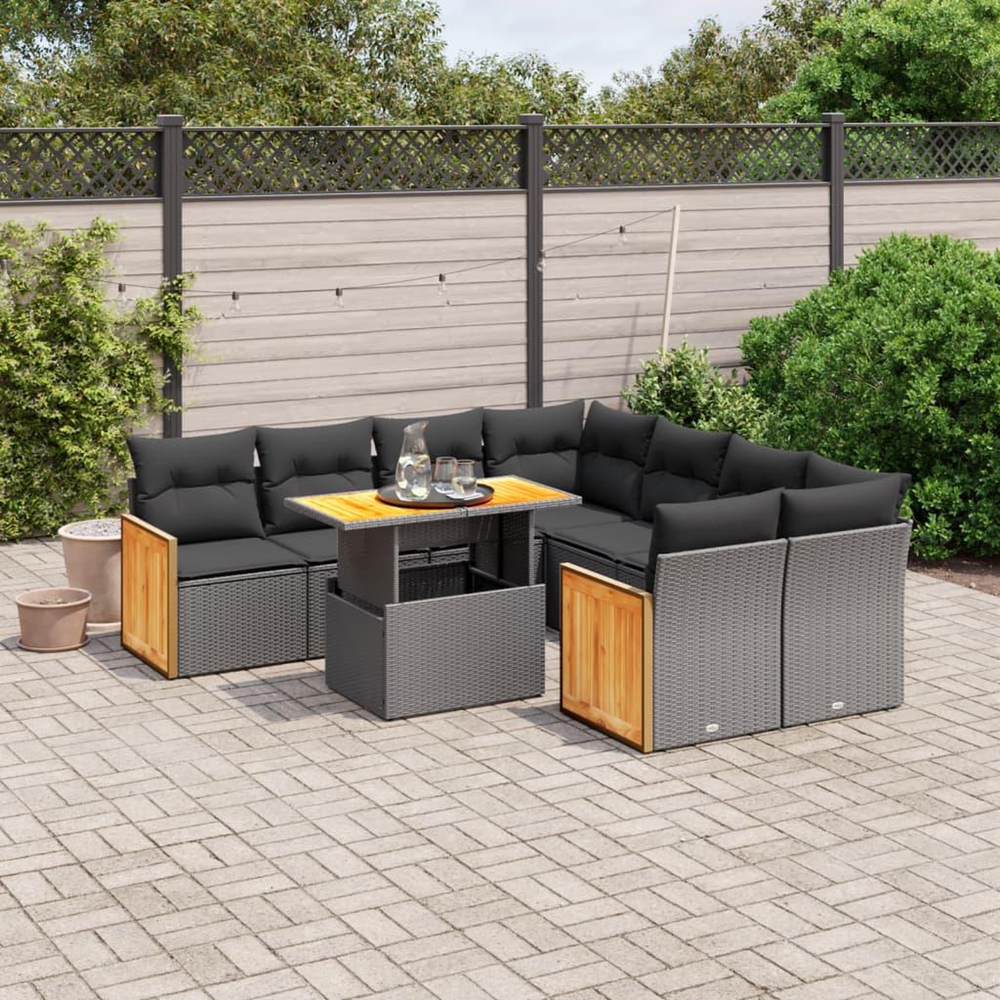 VIDAXL Salon de jardin 9 pcs avec coussins noir resine tressee