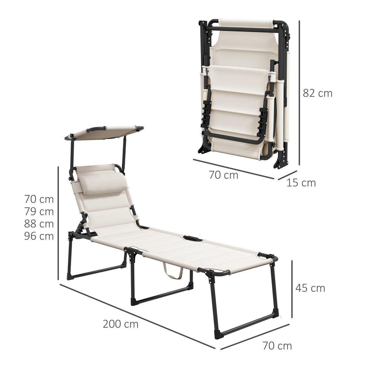 OUTSUNNY Bain de soleil transat inclinable pliable matelassé - pare-soleil, tétière - métal époxy noir tissu blanc cassé