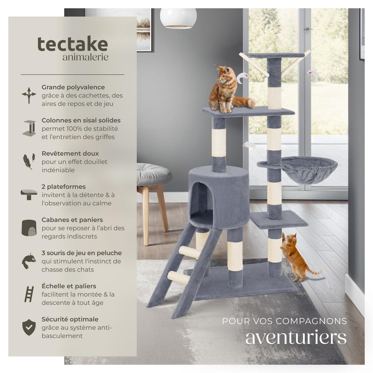 tectake Arbre à chat 144 cm avec griffoir et plateforme d'escalade gris