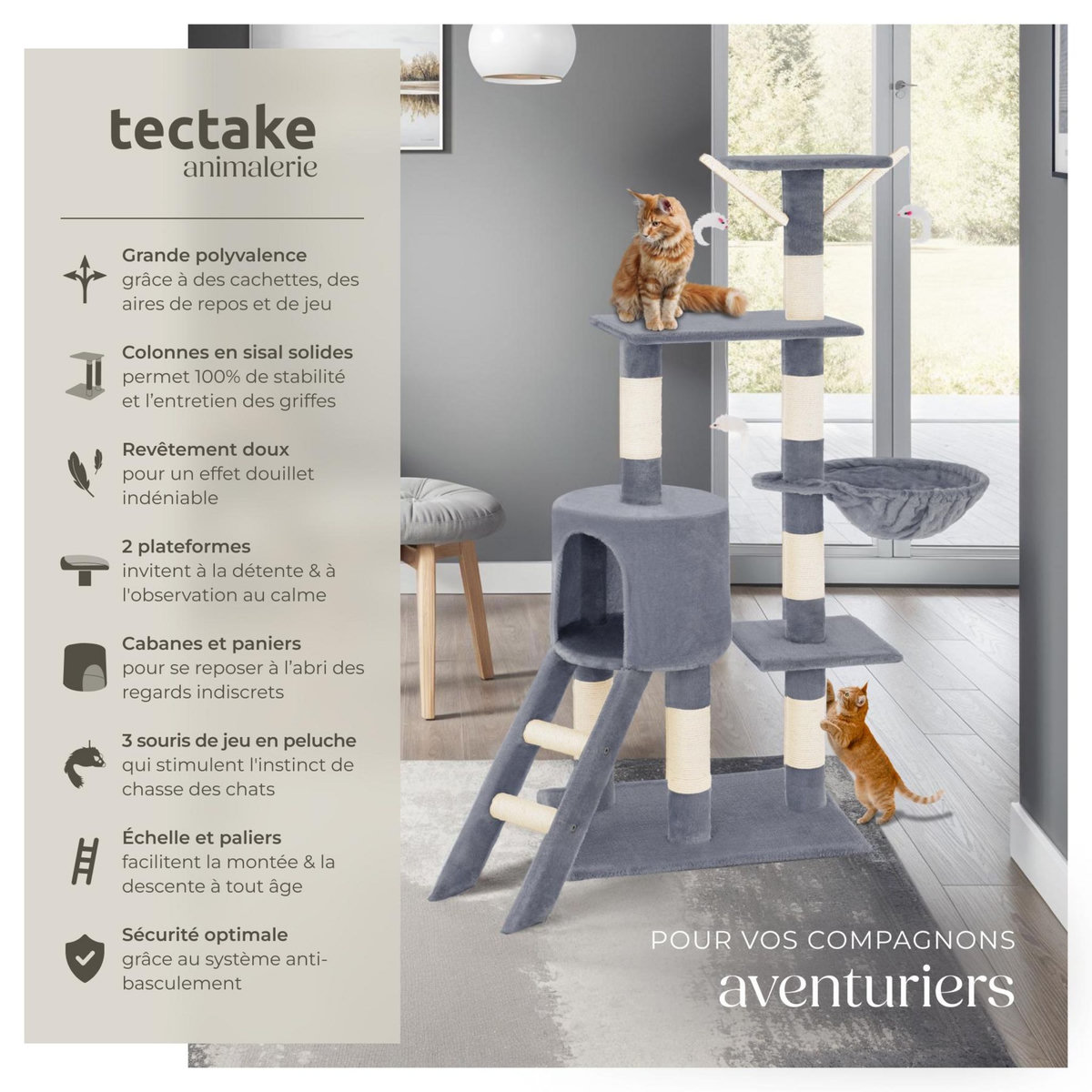 tectake Arbre à chat 144 cm avec griffoir et plateforme d'escalade gris