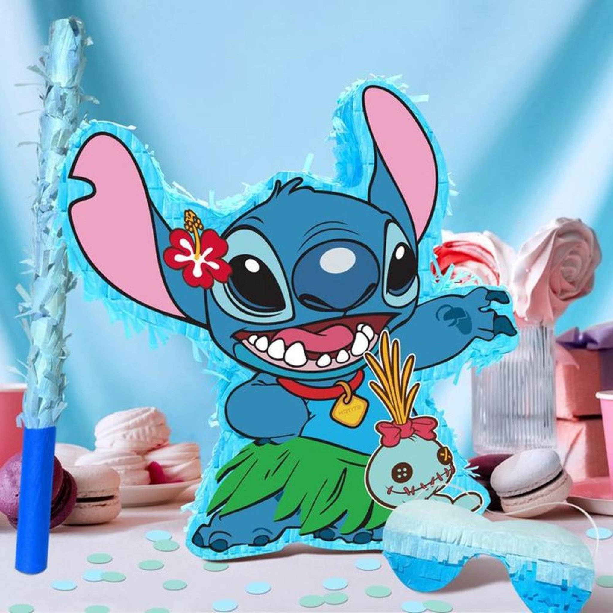 Voir la diapositive 4 : Piñata Stitch multicolore pour fête enfant avec masque et bâton, décorations Disney, franges festives, à remplir, 37 x 20 cm