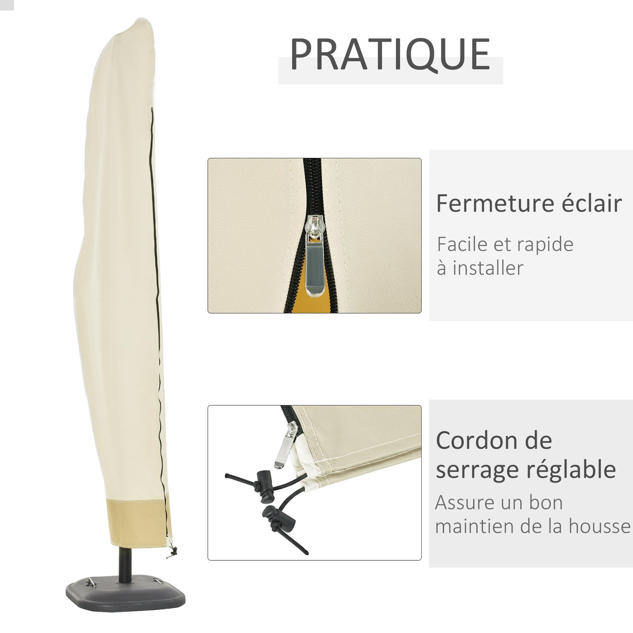 Voir la diapositive 5 : OUTSUNNY Housse de protection imperméable pour parasol droit avec fermeture éclair et cordon de serrage polyester PVC haute densité beige