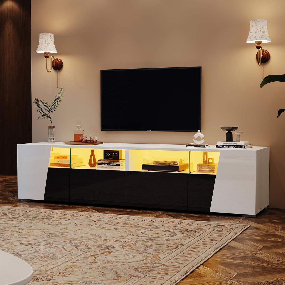 MERAX Meuble tv blanc+noir 180 cm led mdf